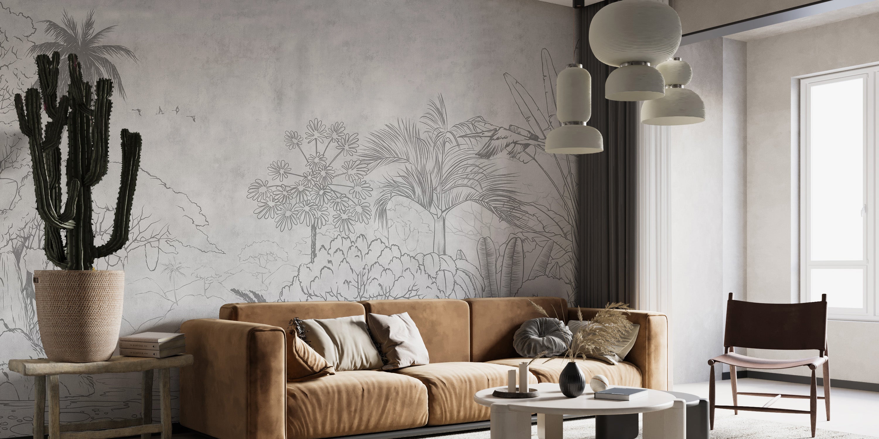 Reflection-inspired tropical mural with exotic sketch details.
