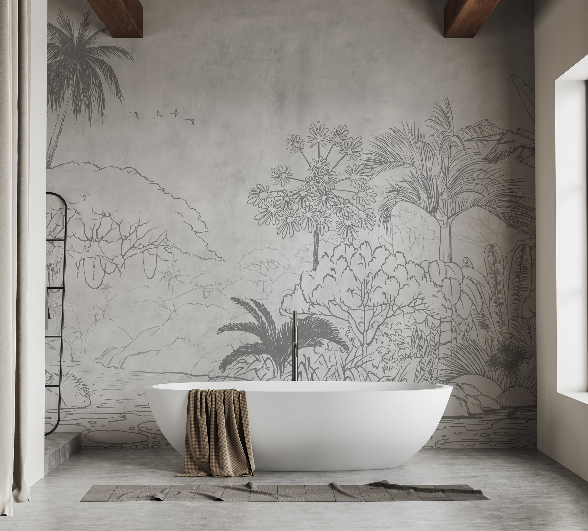 Exotic tropical sketch mural with reflective artistic design.
