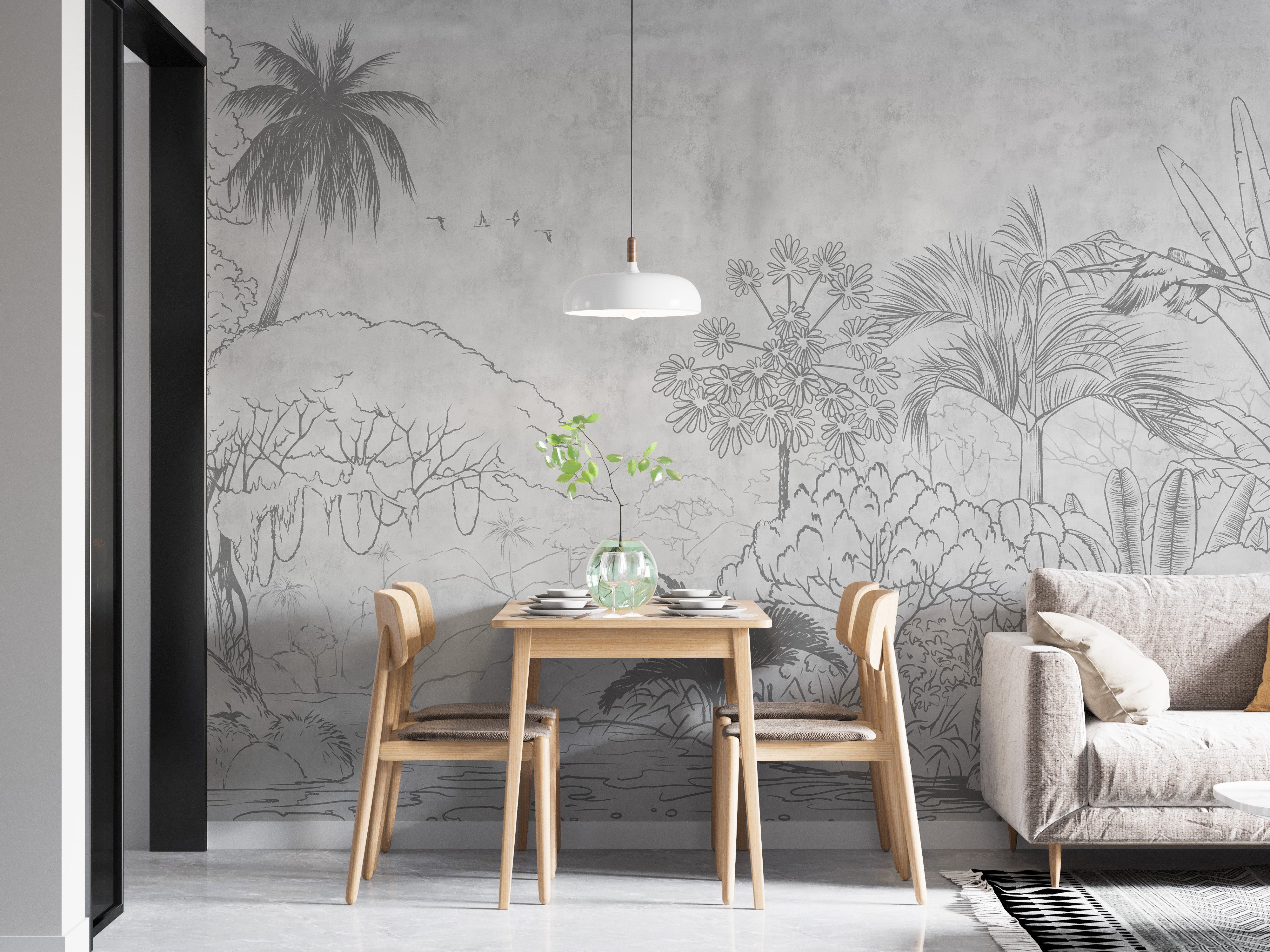 Unique tropical sketch mural with exotic reflective aesthetics.



