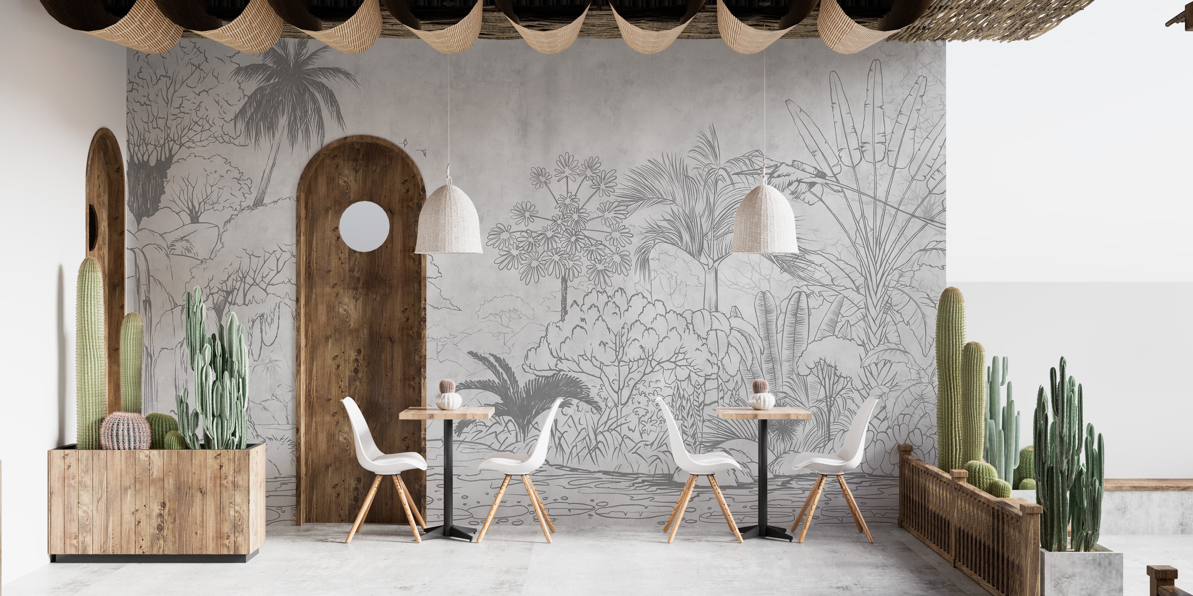 Artistic tropical sketch mural with exotic reflective charm.
