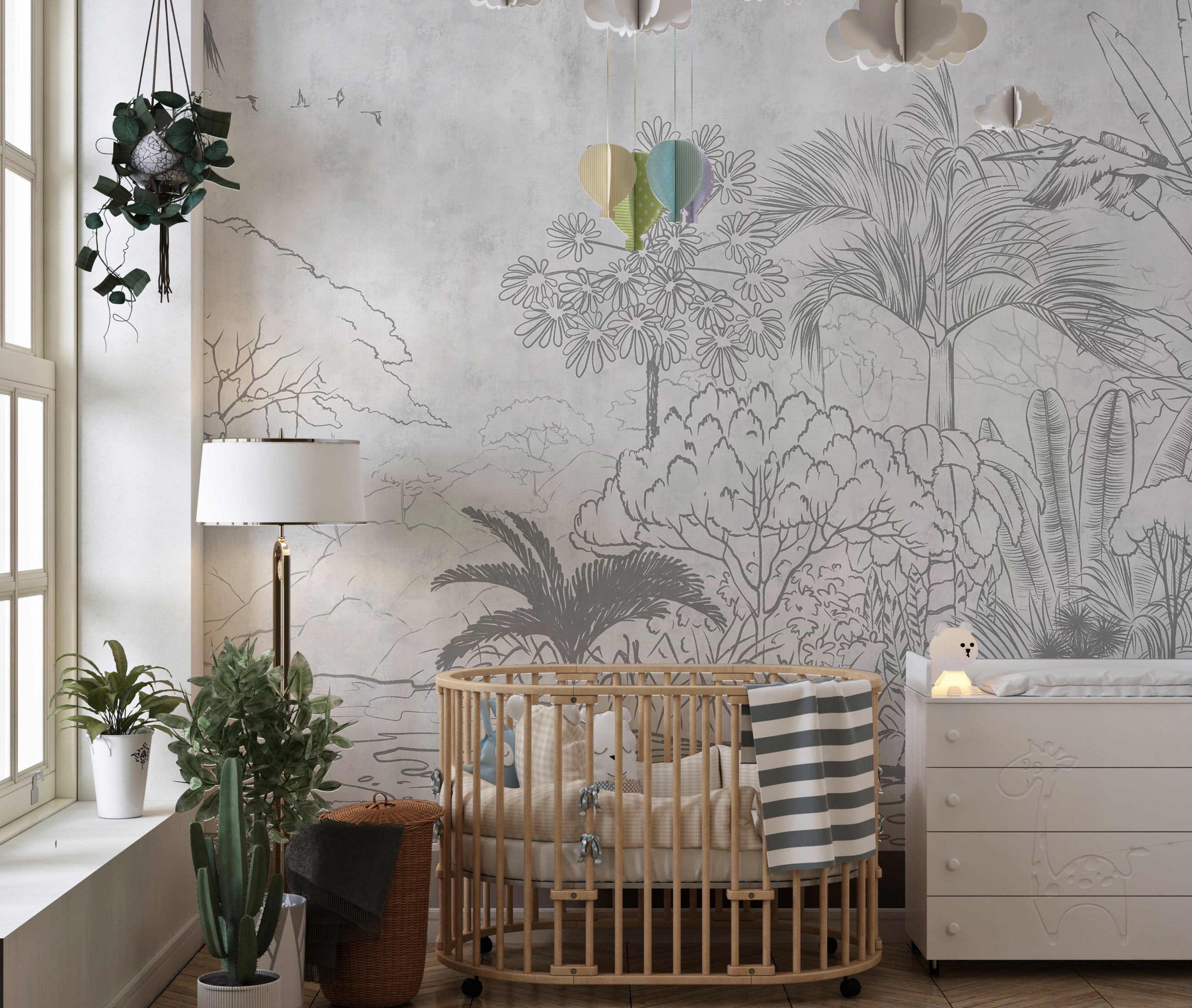 Wall mural showcasing exotic tropical reflections and sketches.
