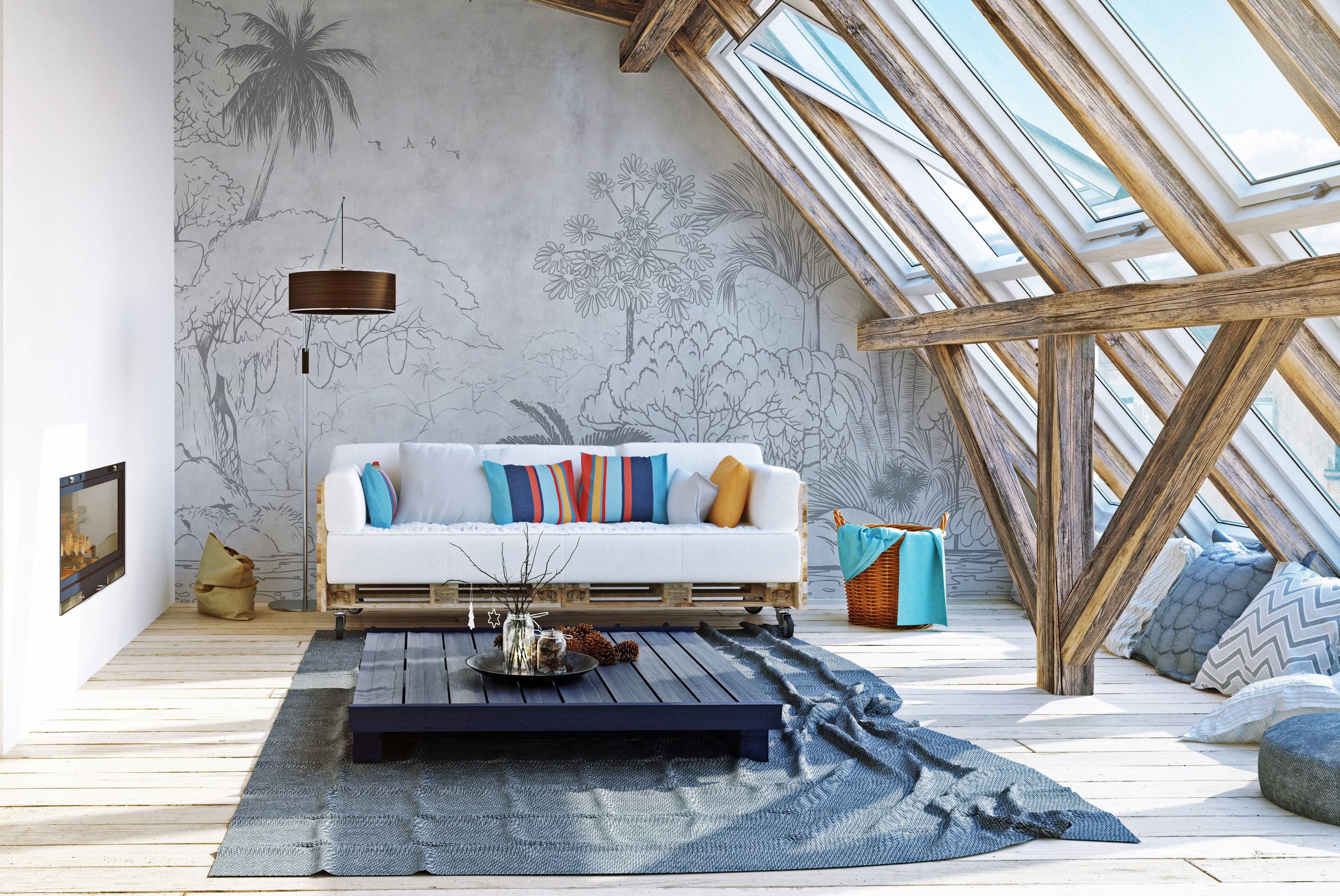 Exotic tropical mural with artistic sketch and reflection style.
