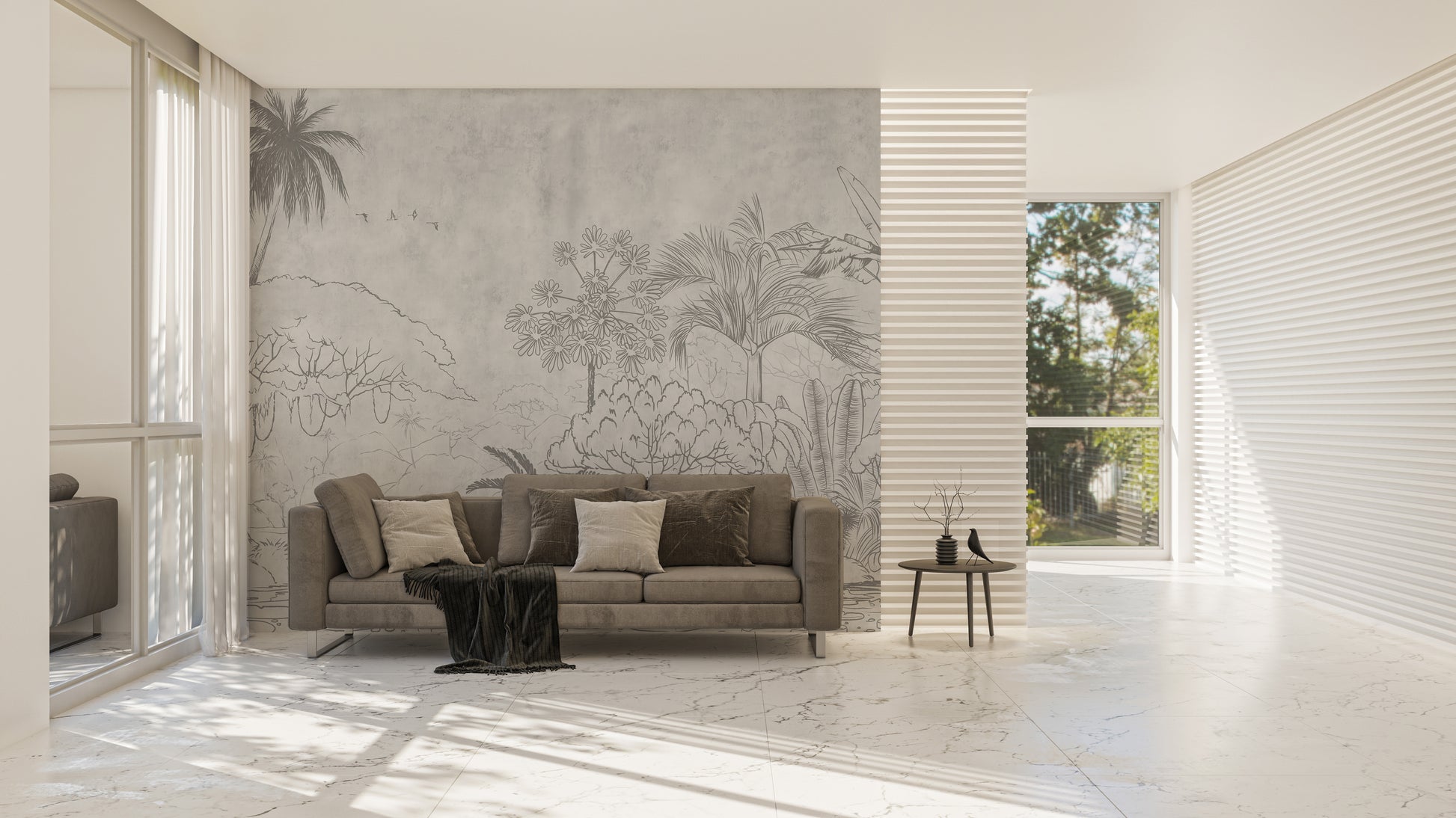 Tropical sketch mural with reflective design for unique walls.
