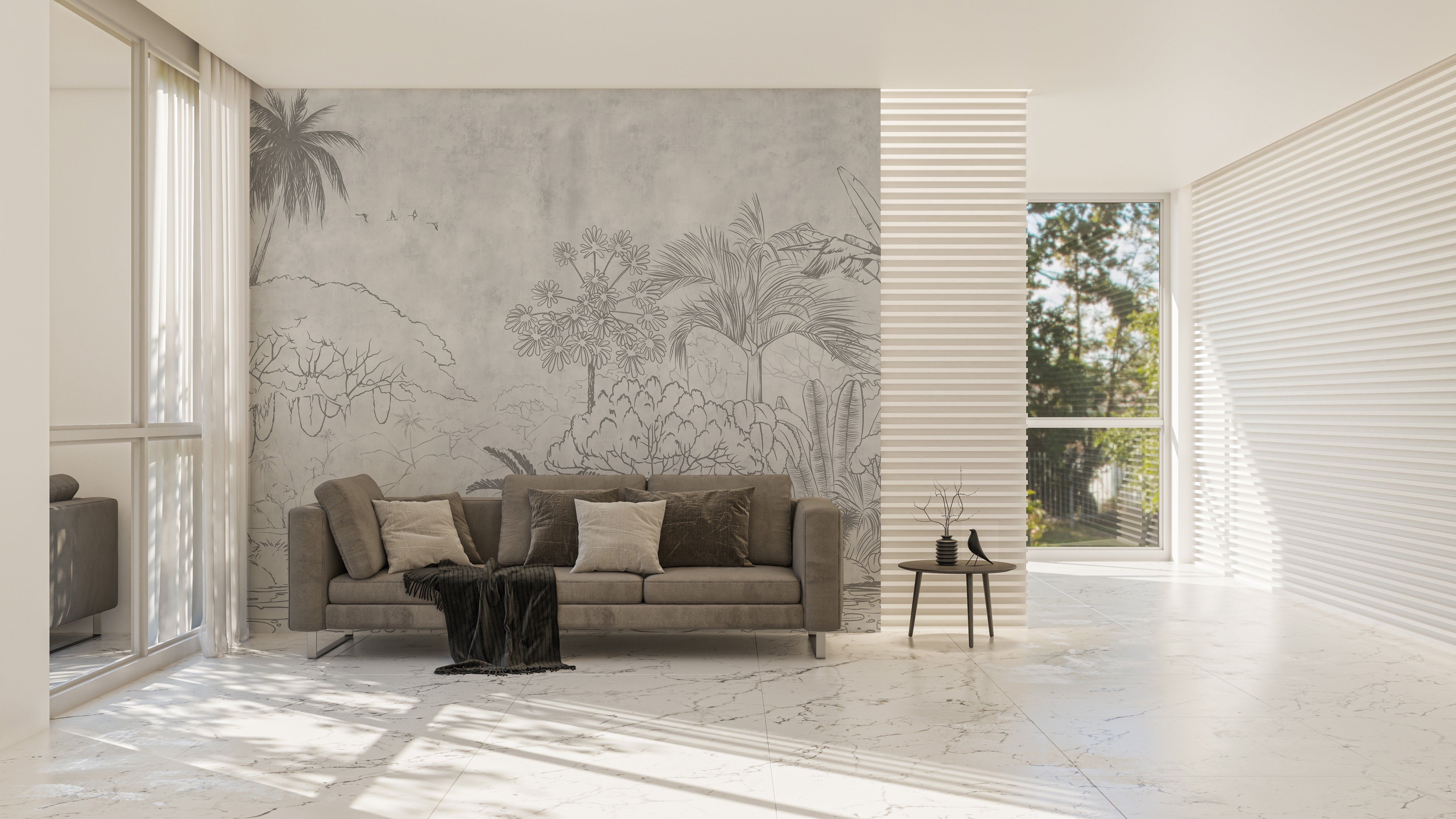 Tropical sketch mural with reflective design for unique walls.
