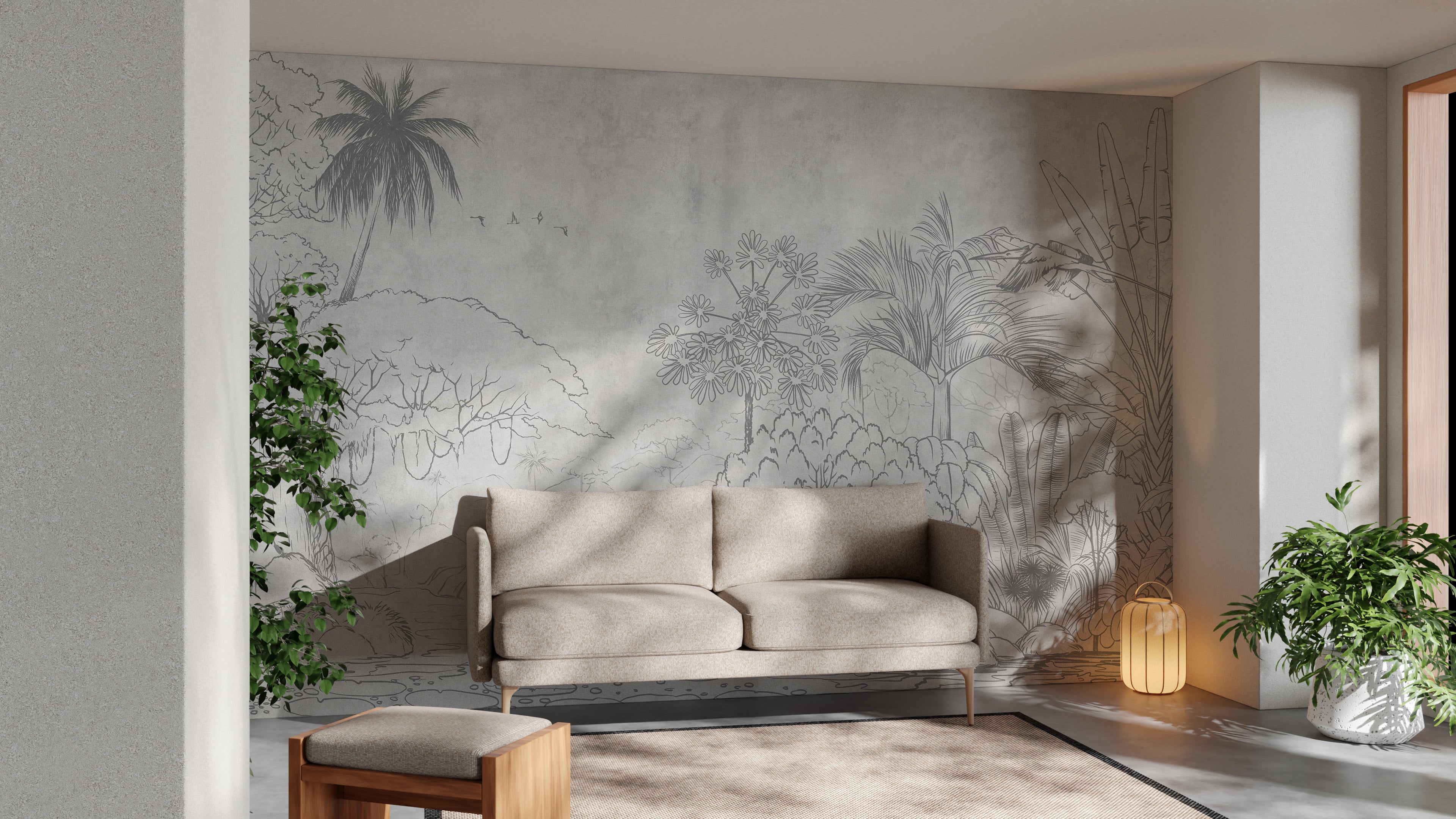 Exotic sketch mural with tropical reflections for bold decor.
