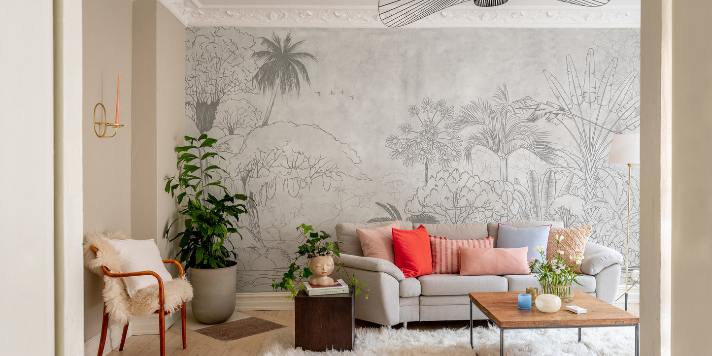 Reflection wall mural with exotic tropical sketch details.
