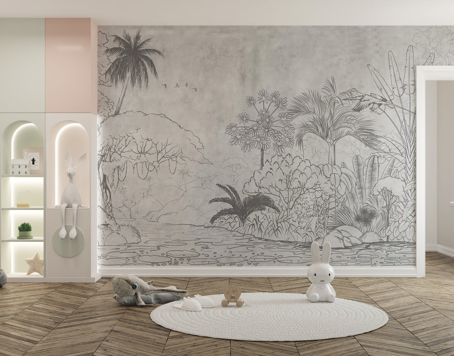 Tropical-themed mural featuring exotic sketch reflections.
