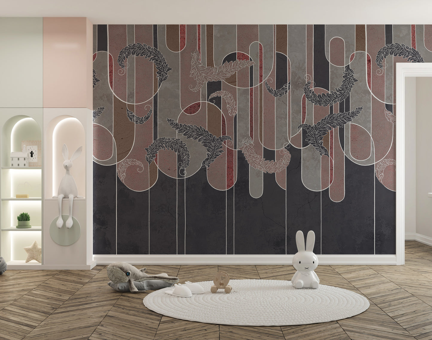 Gritty deco fusion mural with bold and modern artistic design.
