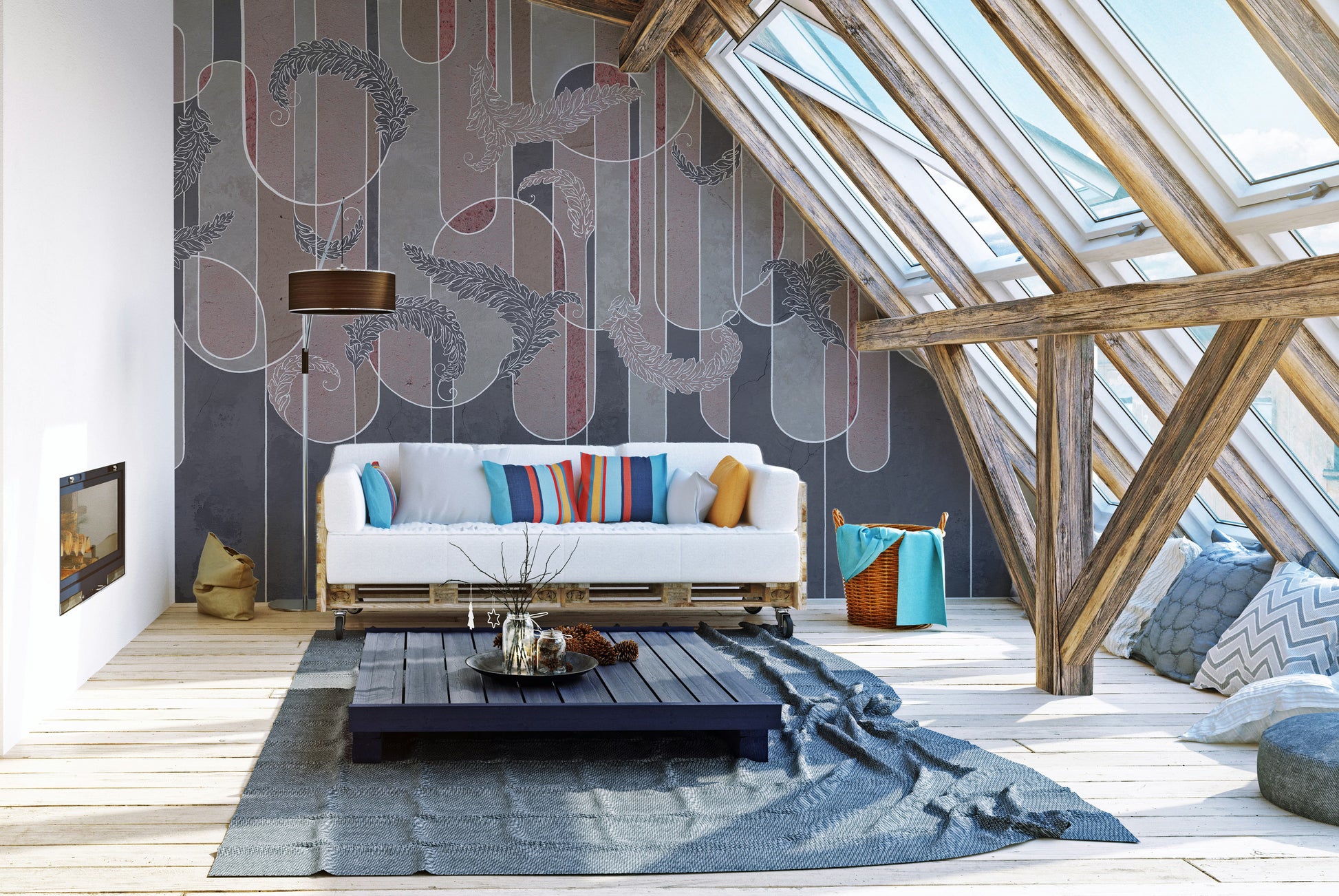 Bold gritty deco wallpaper mural with fusion of styles.
