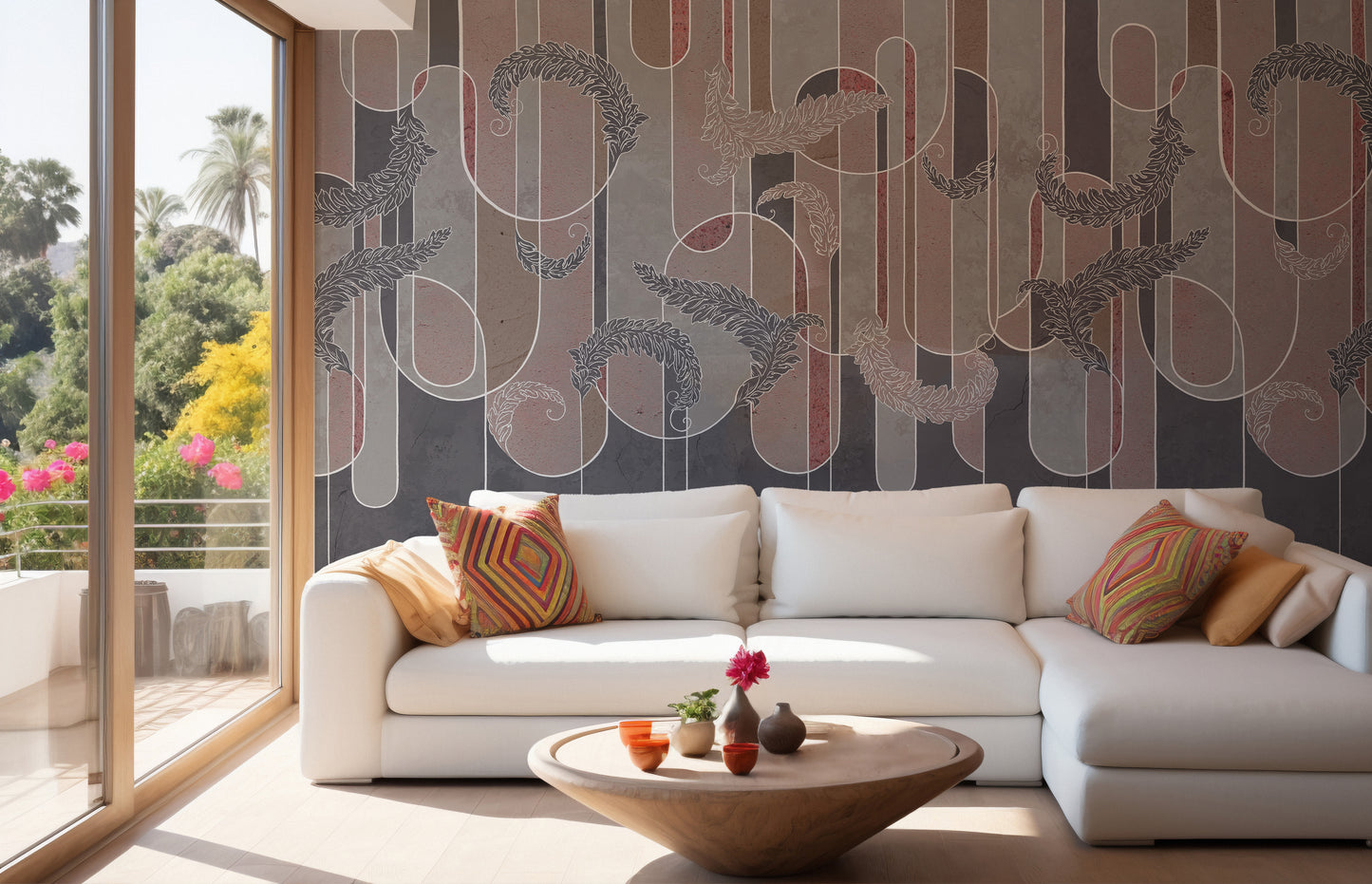 Gritty deco mural blending vintage and modern design elements.
