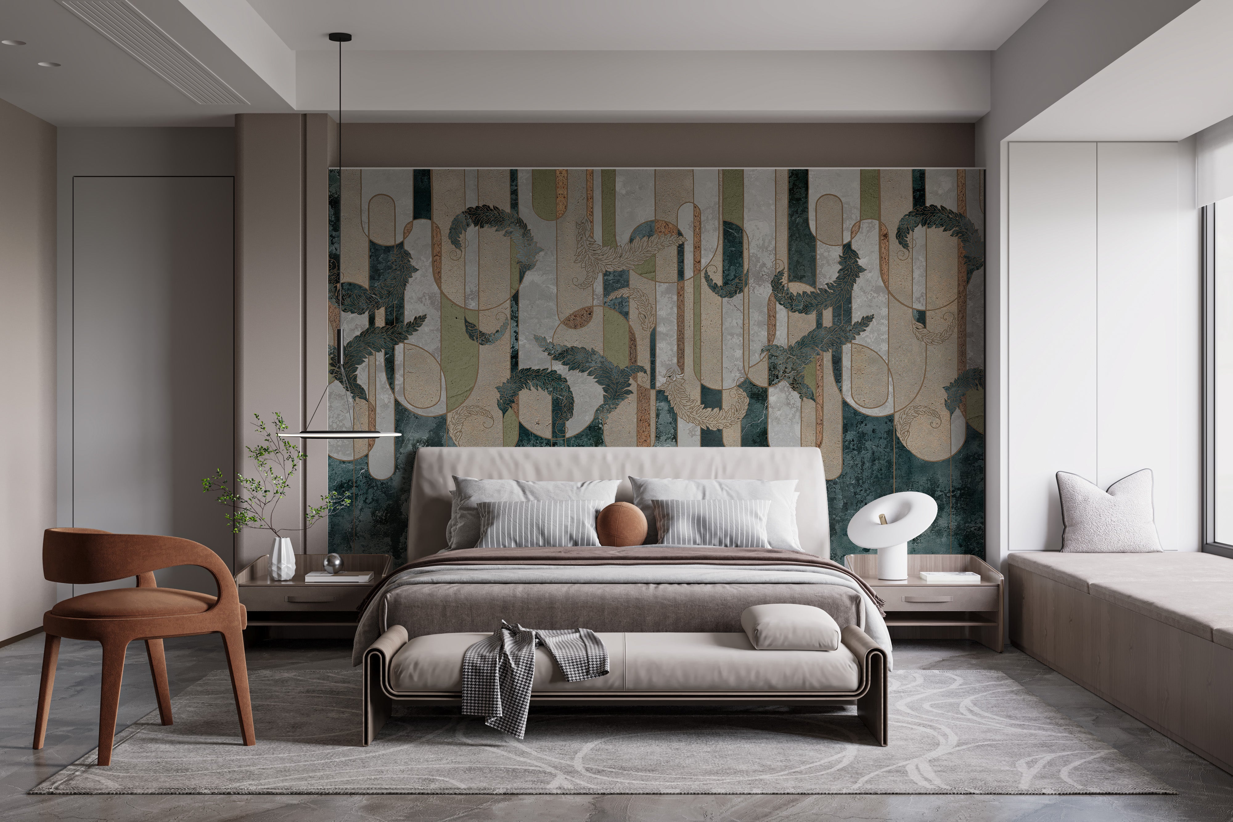 Artistic wall mural combining greenery and geometric concrete designs.