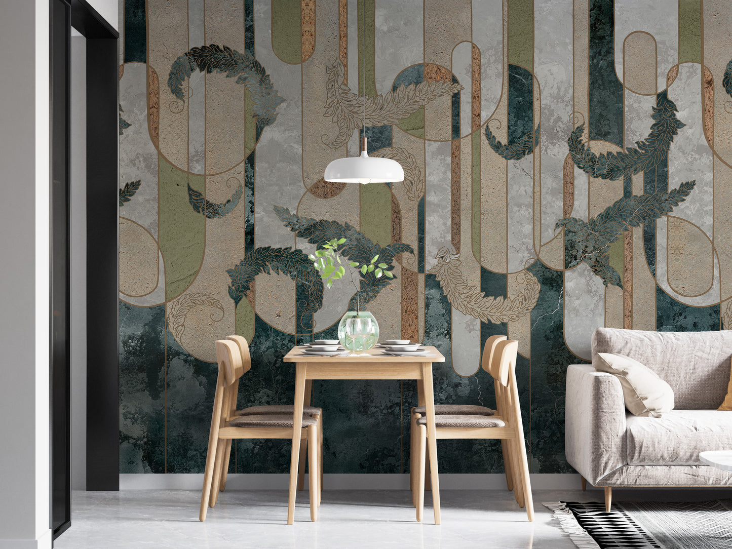 Geometric greenery mural for contemporary concrete-inspired decor.
