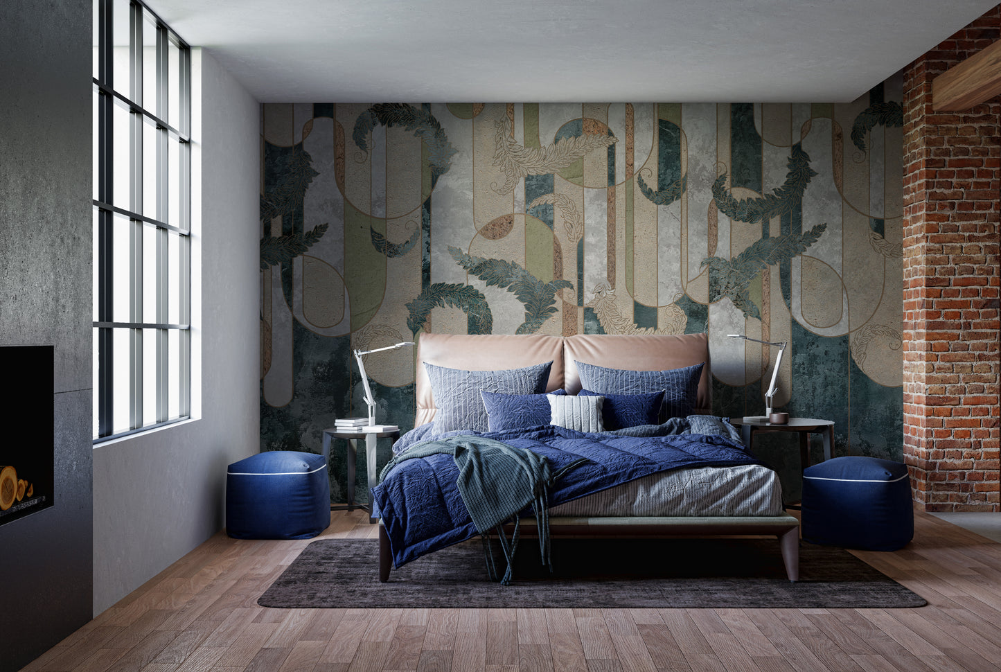 Artistic geometric greenery mural for bold and serene interiors.
