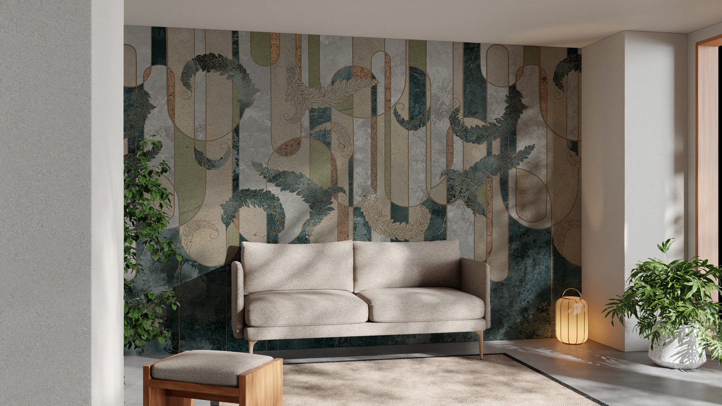 Greenery-infused geometric mural for a concrete-inspired oasis.
