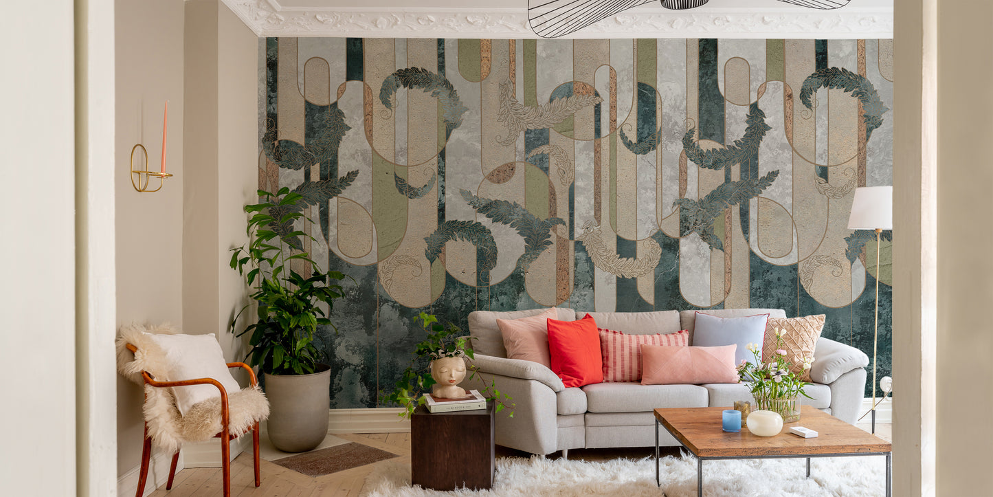 Artistic concrete oasis mural with lush greenery and geometric design.
