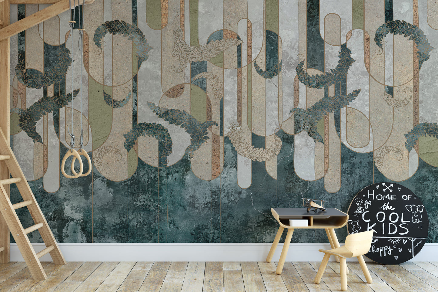 Wall mural featuring geometric greenery in a concrete setting.
