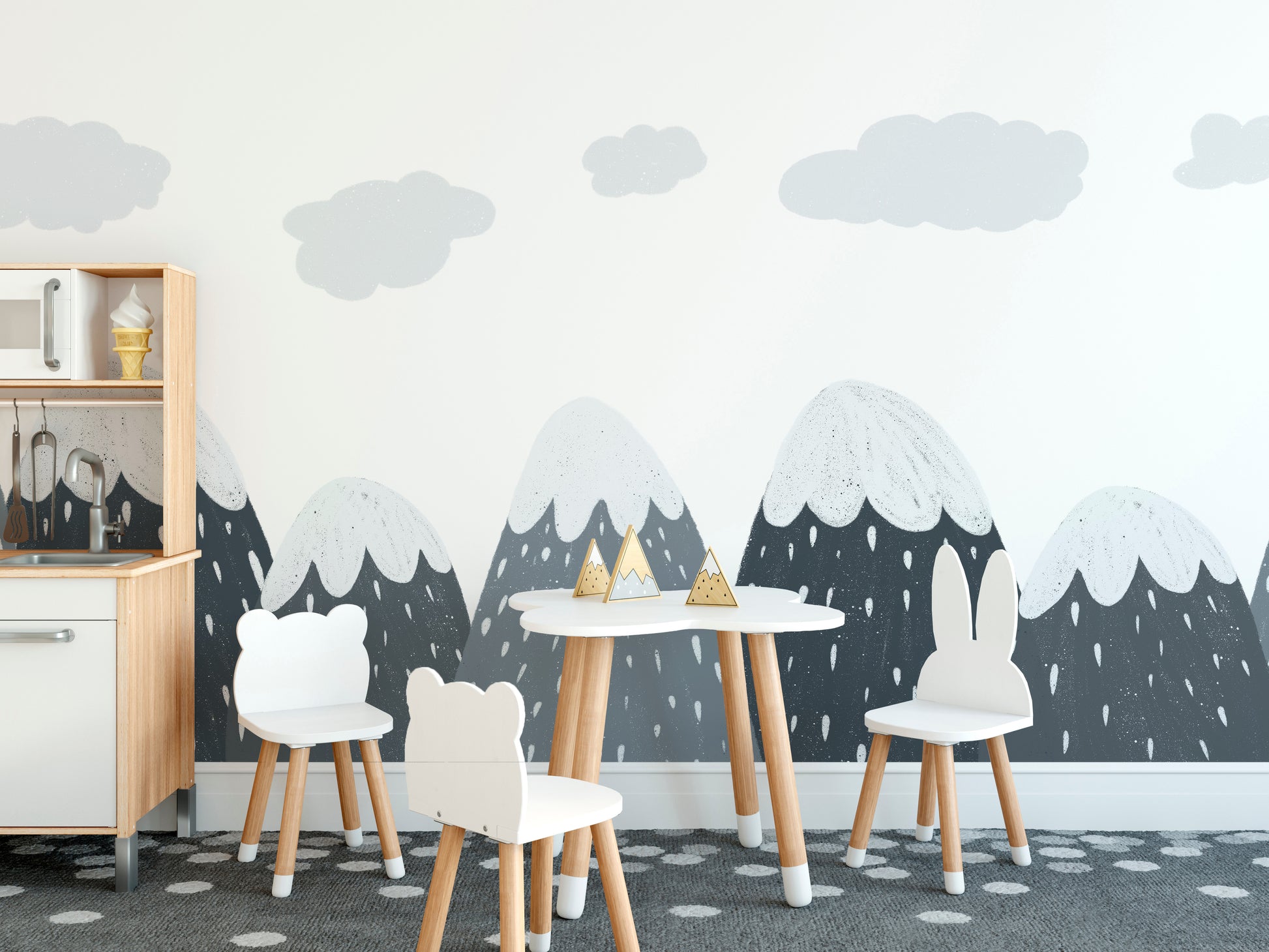 Artistic snow-capped mountains mural for kids' imaginative spaces.