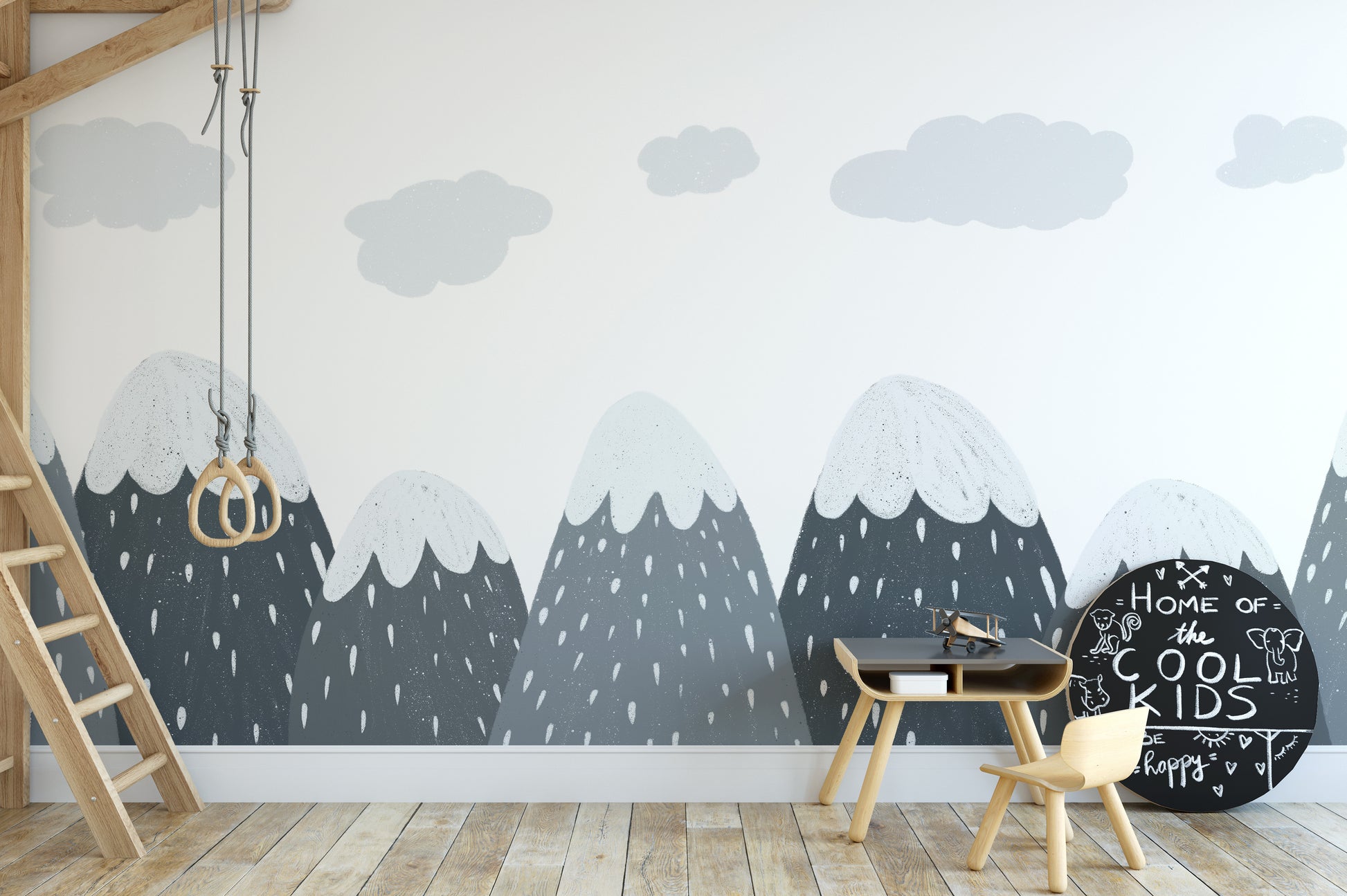 Snowy peaks wall mural for nature-inspired kids' interiors.
