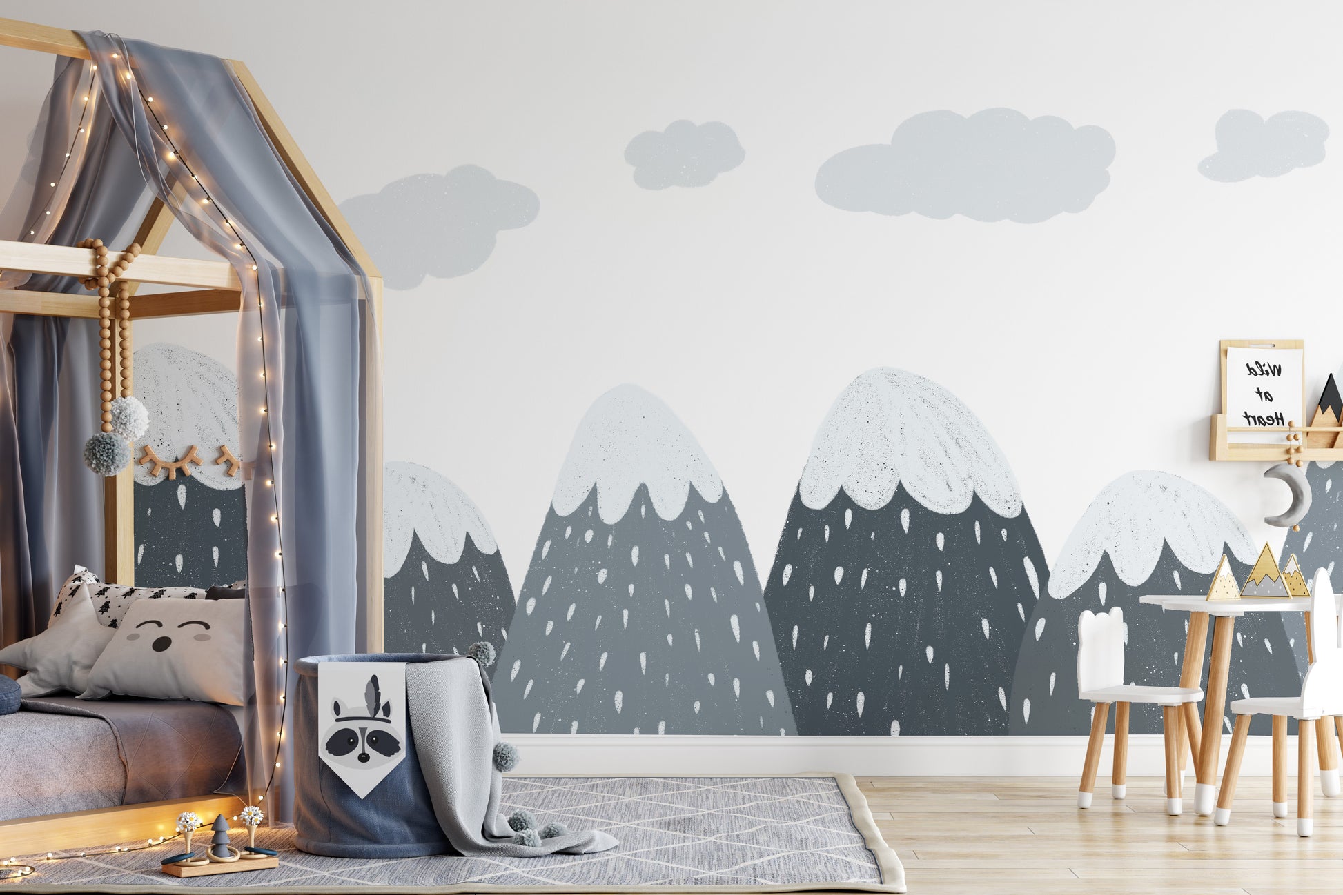 Serene snow-capped mountains mural for kids' peaceful rooms.
