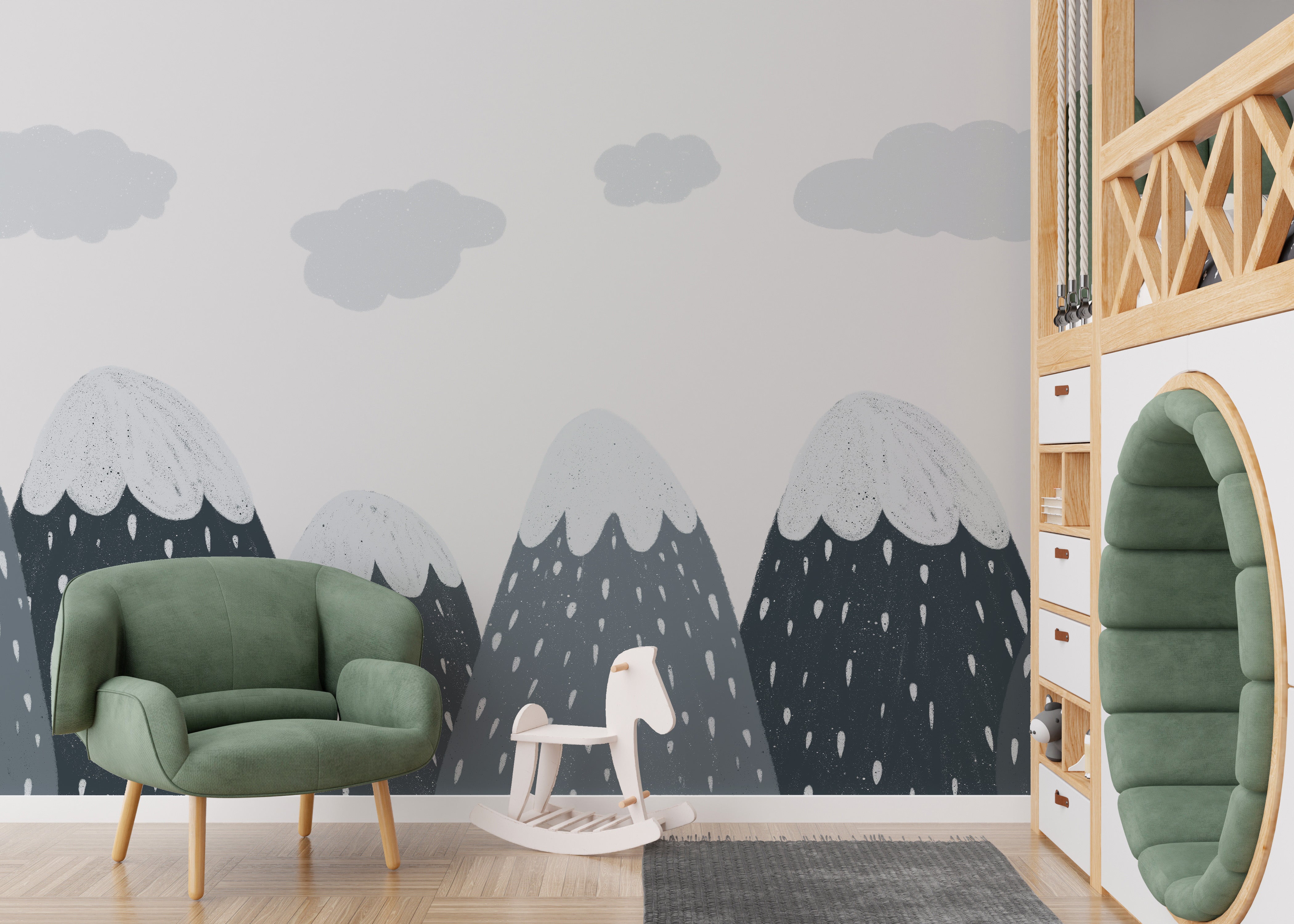 Wintery snow-capped mountain mural for adventurous kids' decor.
