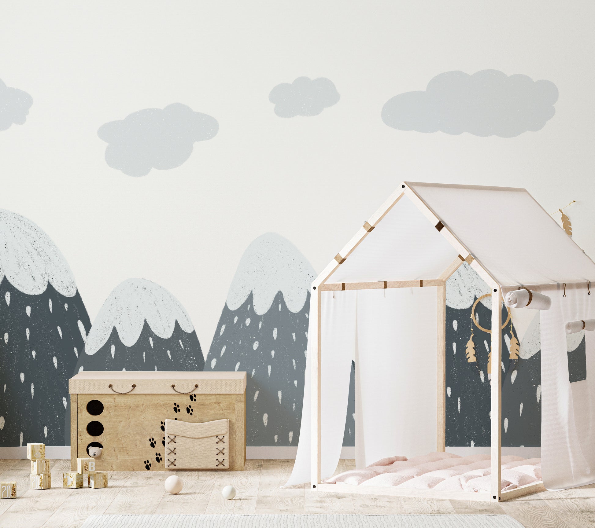 Snow-capped peaks mural for nature-themed kids' room walls.
