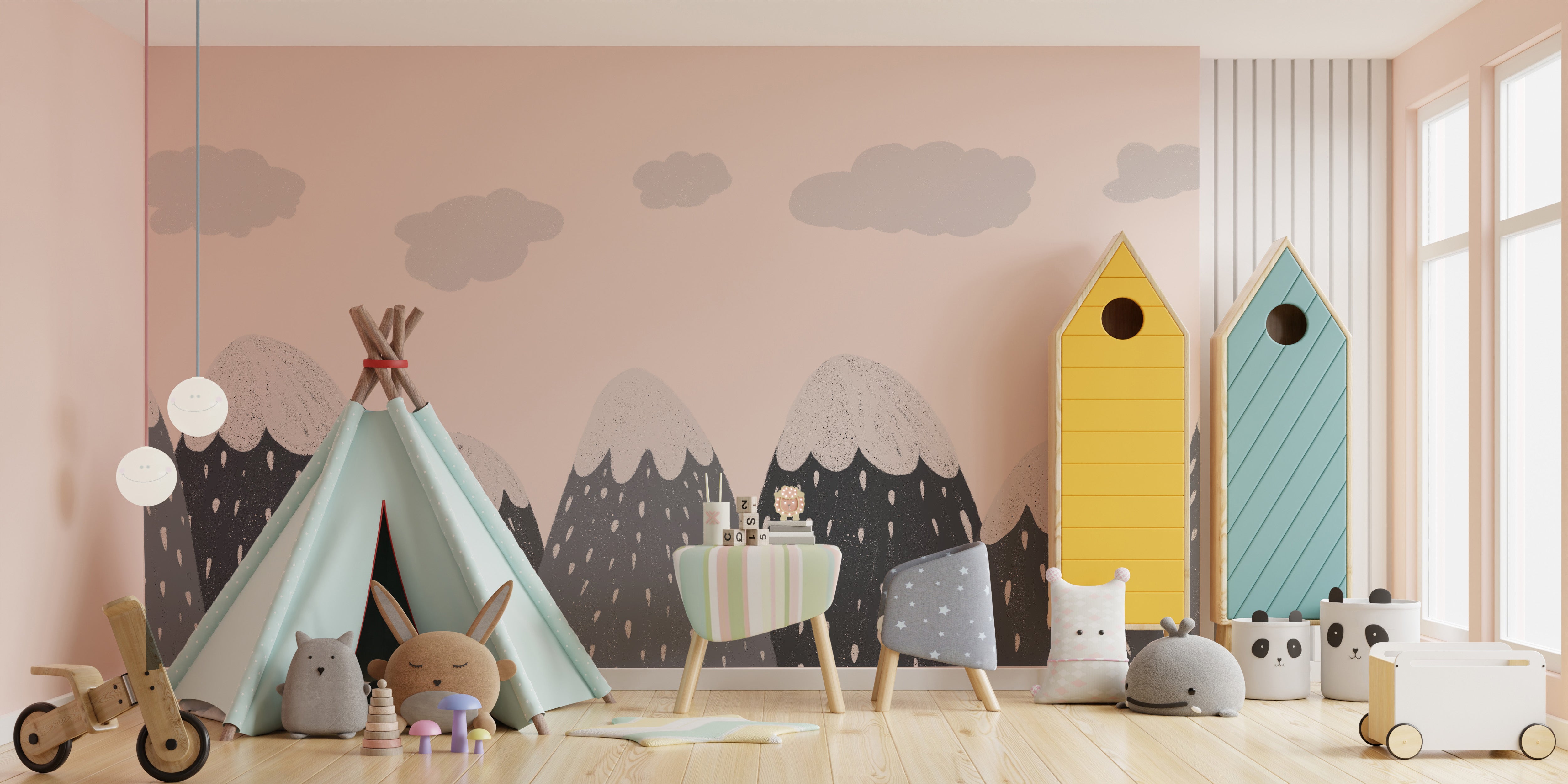 Snowy mountain mural for adventure-inspired kids' interiors.
