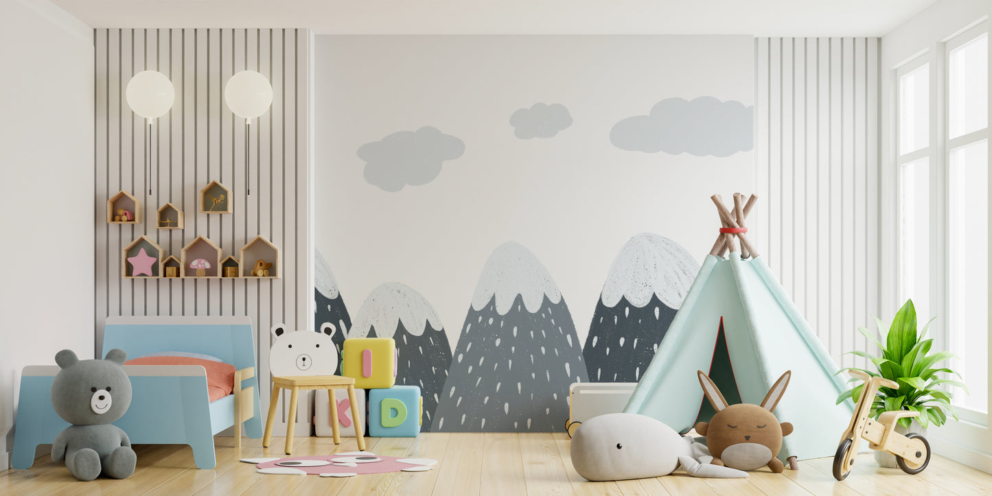 Kids' mural featuring snow-capped mountains and serene views.
