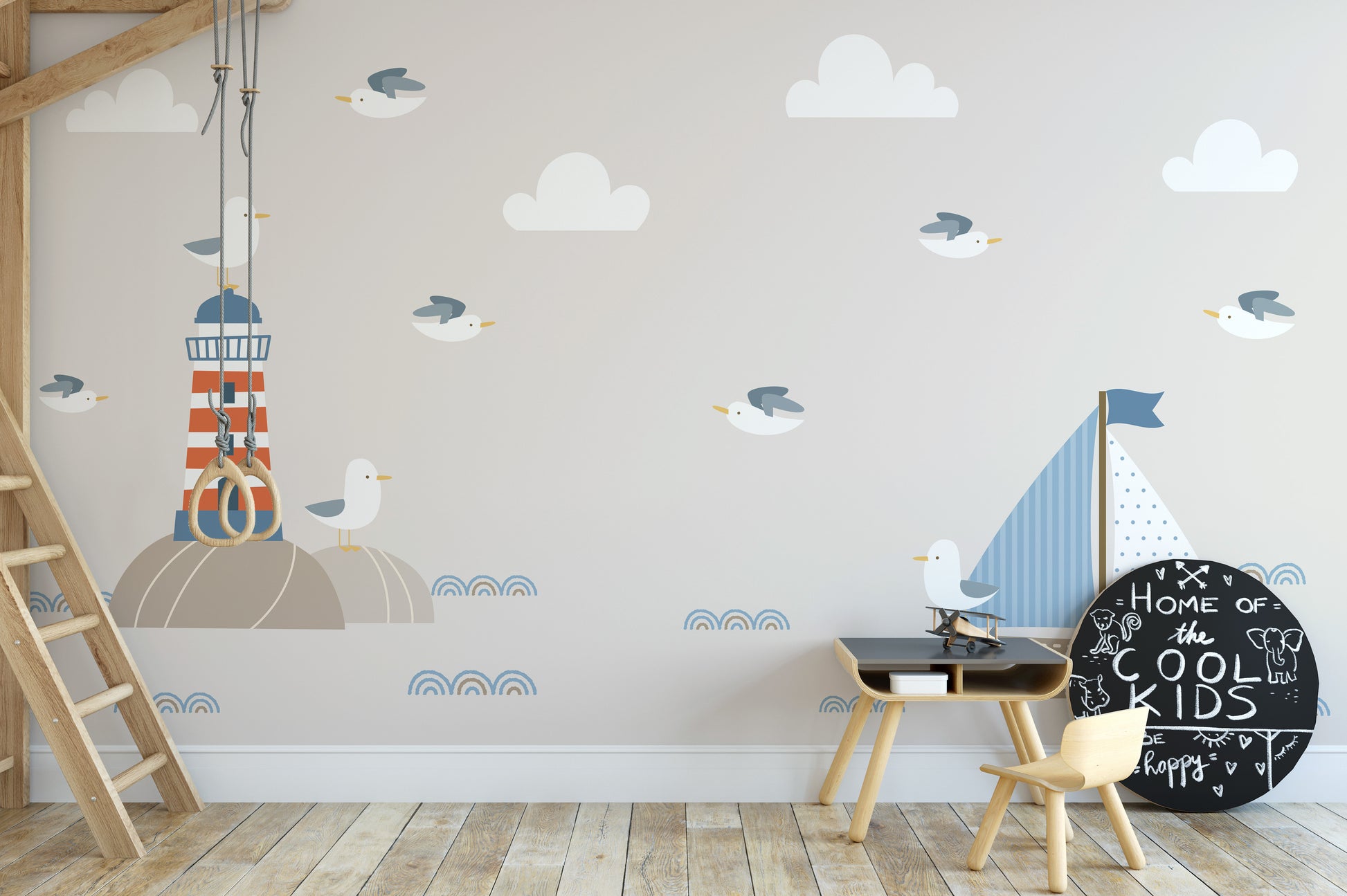 Exciting swashbuckling sailors mural for playful kids' spaces.



