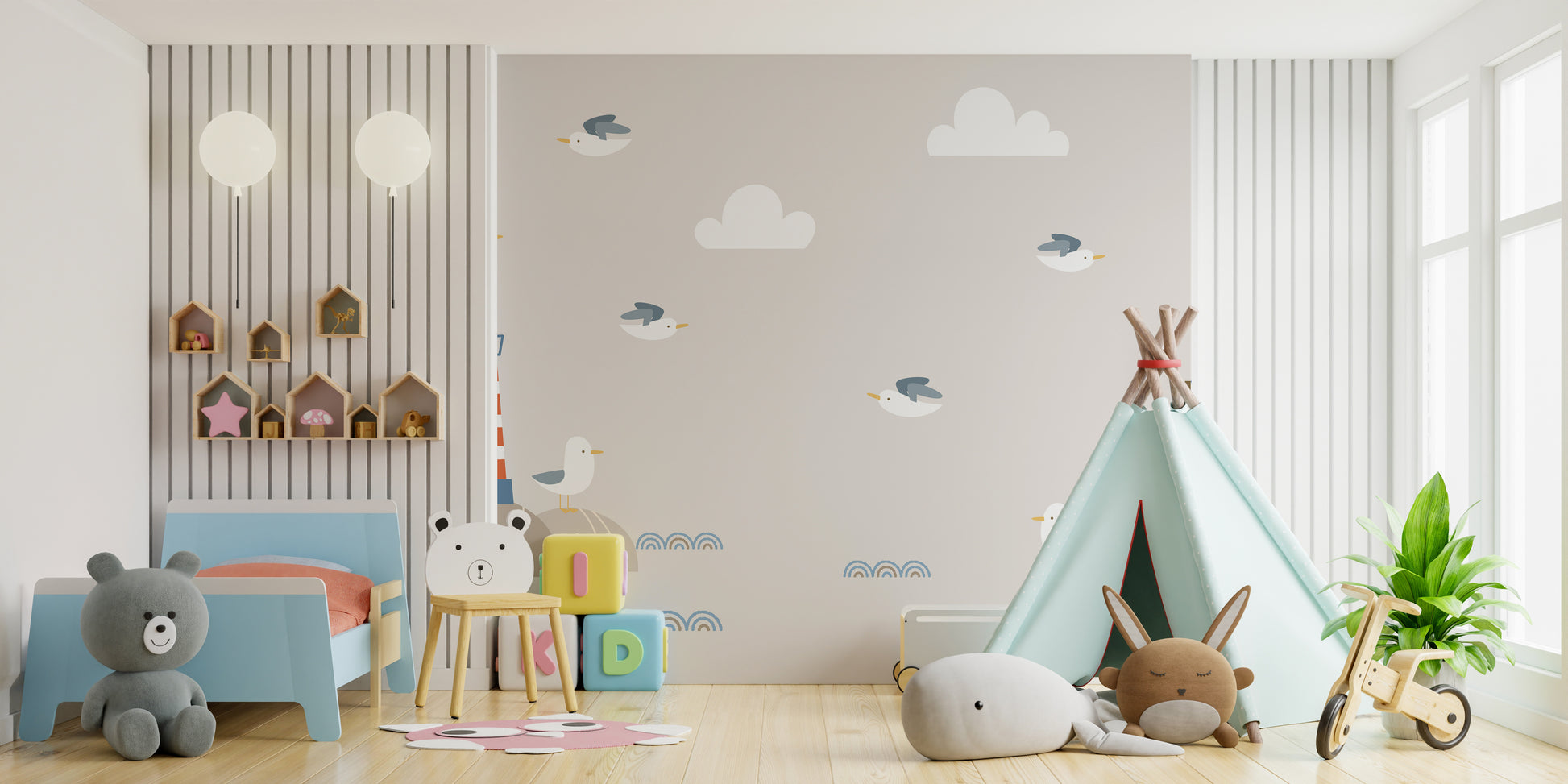 Kids' room mural featuring playful swashbuckling sailor scenes.
