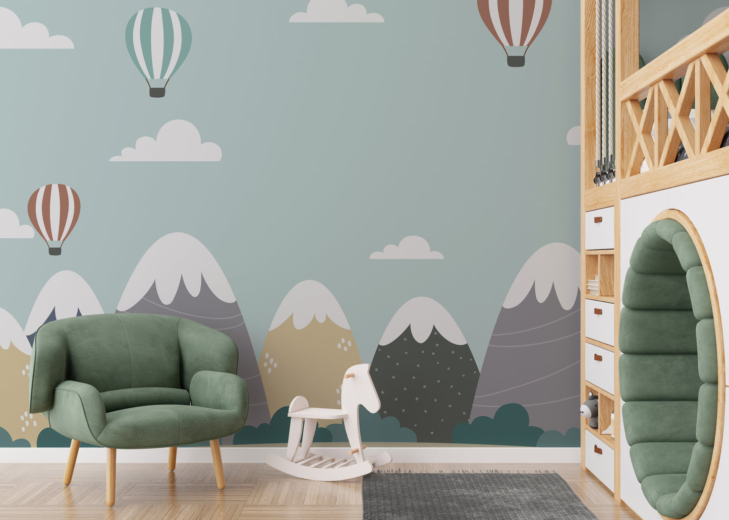 Hot air balloons and mountains mural with serene cloud details.
