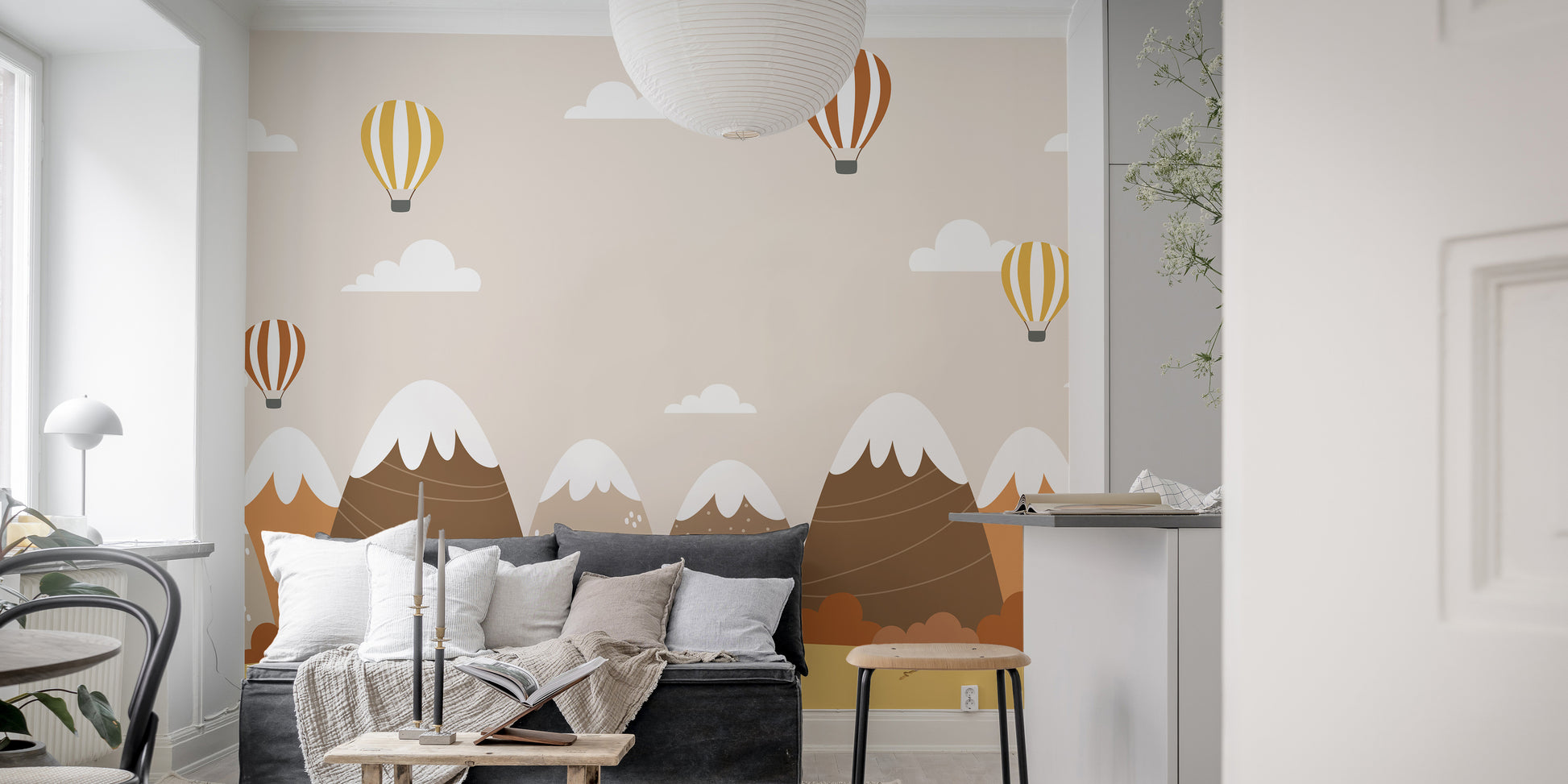 Autumn-themed mural with vibrant hot air balloons and nature.
