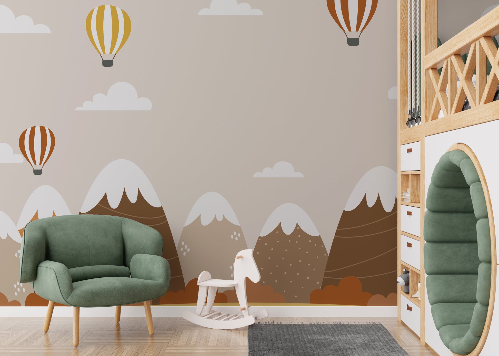 Scenic autumn mural with floating hot air balloons and hills.
