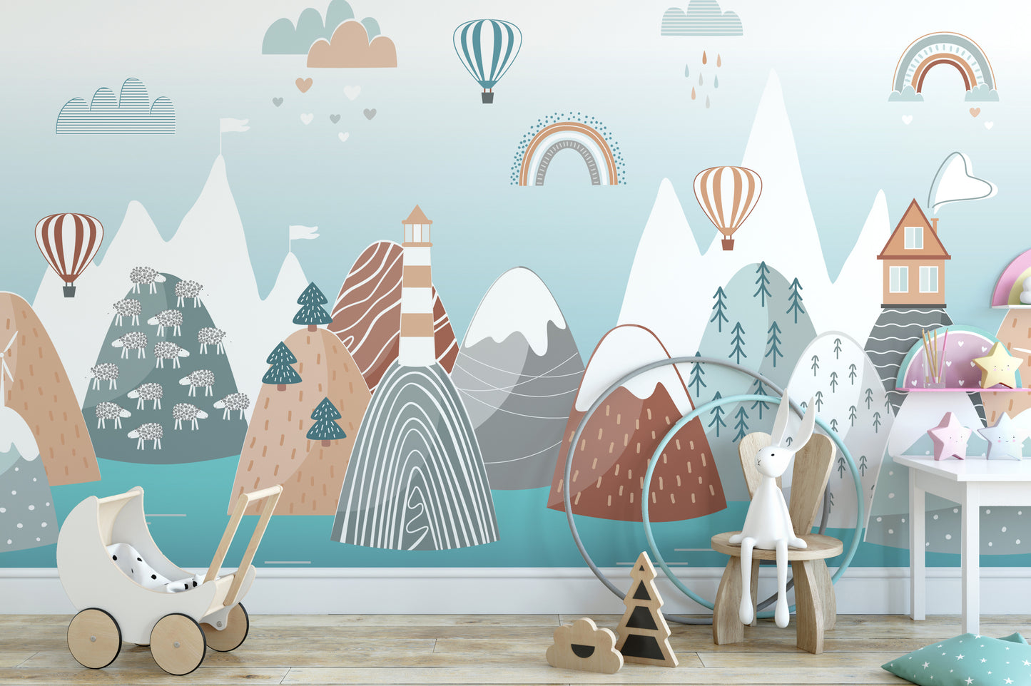 Boho-inspired mural for Scandinavian-themed nursery interiors.
