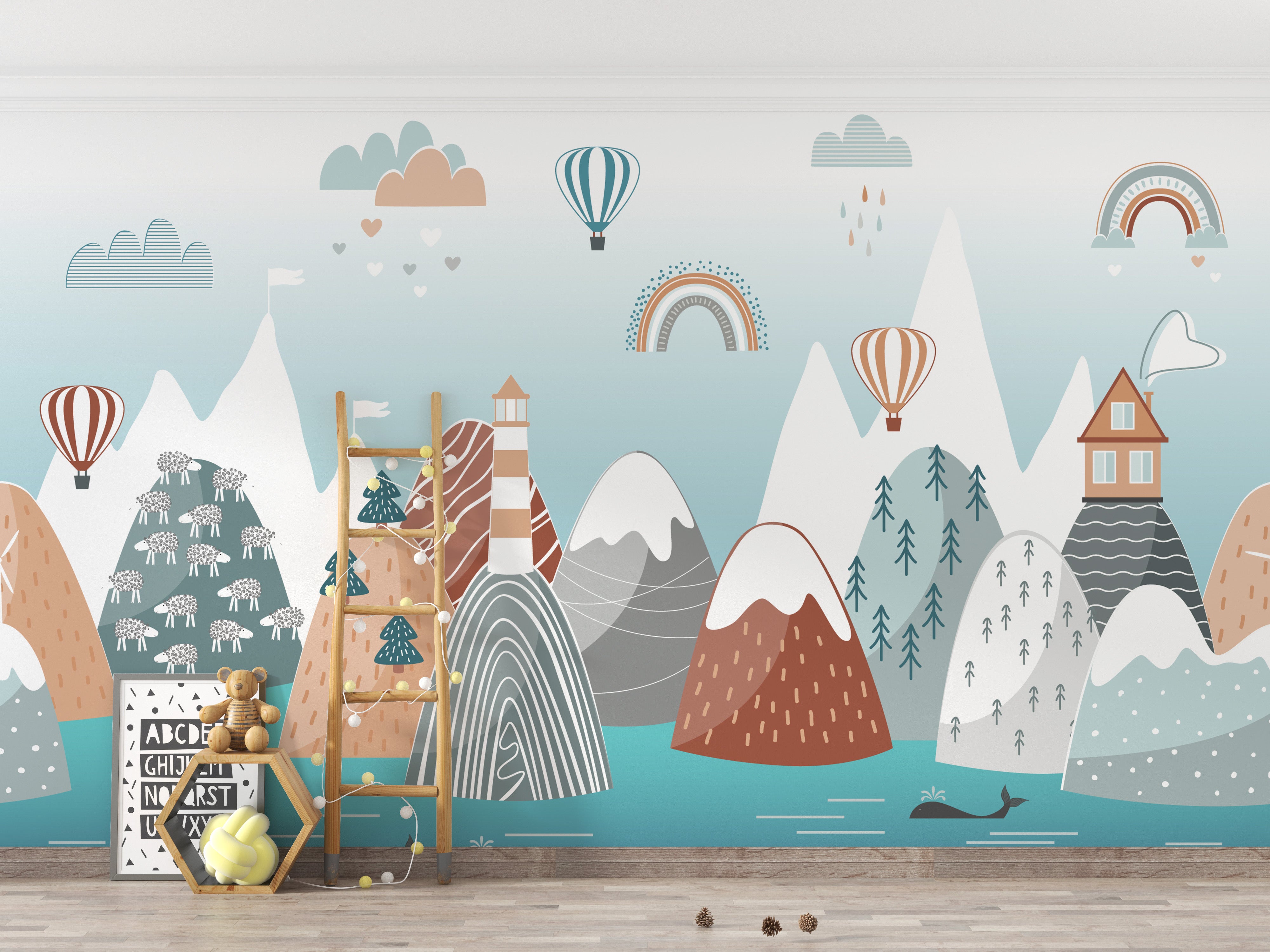 Nursery wall mural with Scandinavian boho charm and soft tones.
