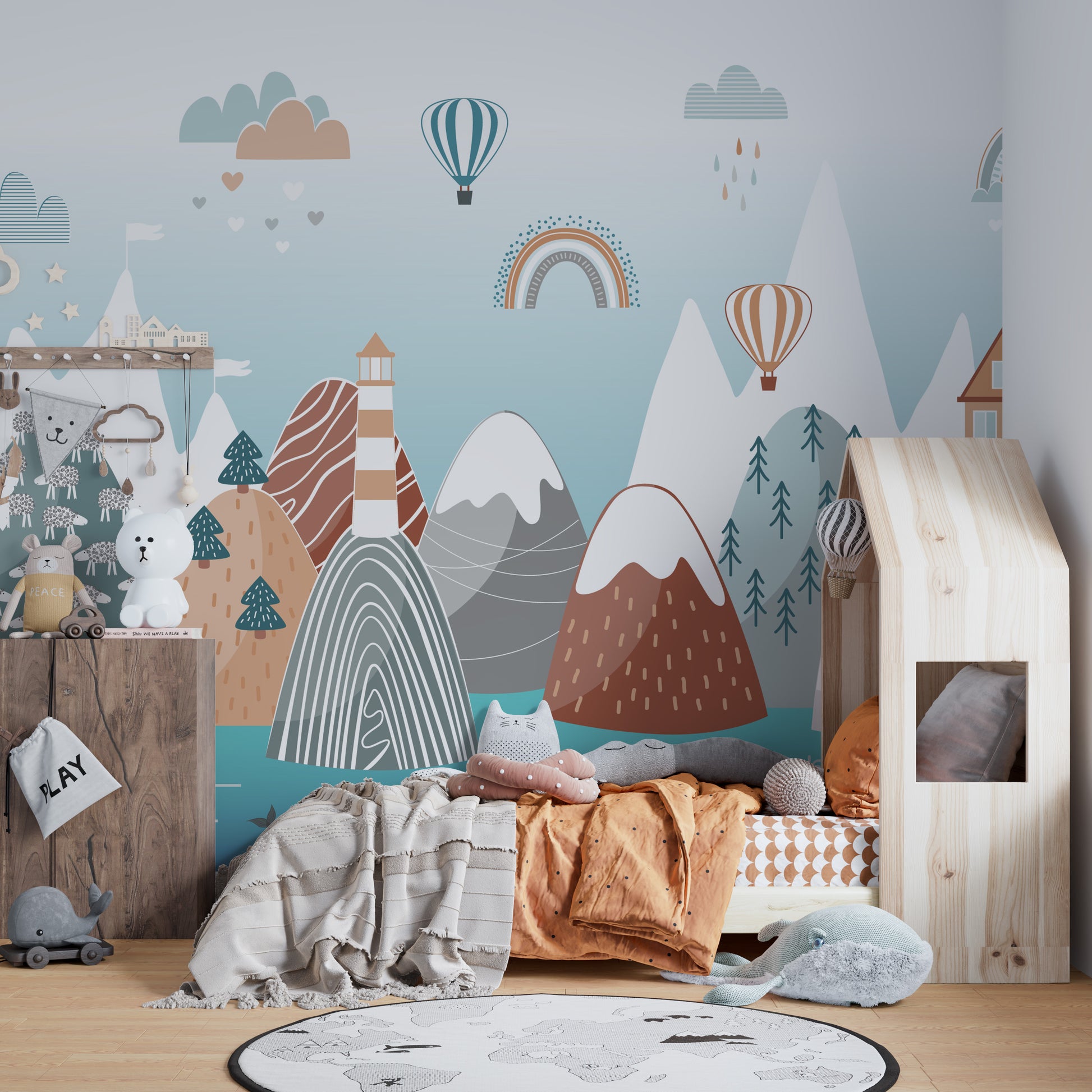 Soft Scandinavian boho mural for tranquil nursery interiors.
