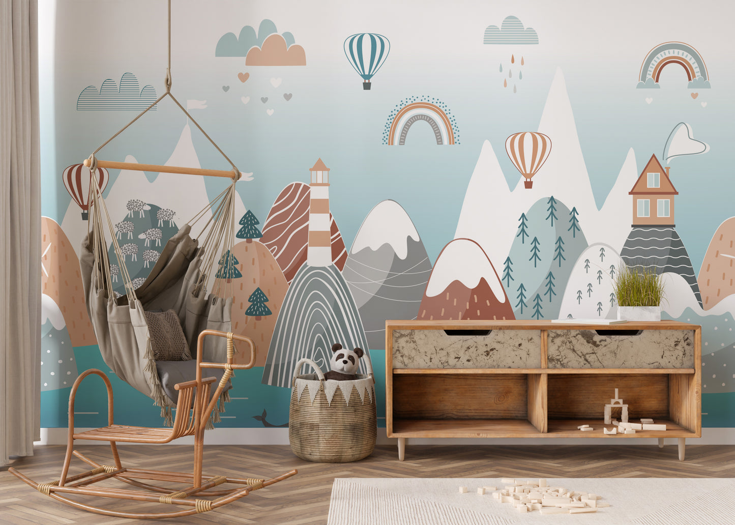 Scandinavian boho mural for a cozy and stylish nursery decor.
