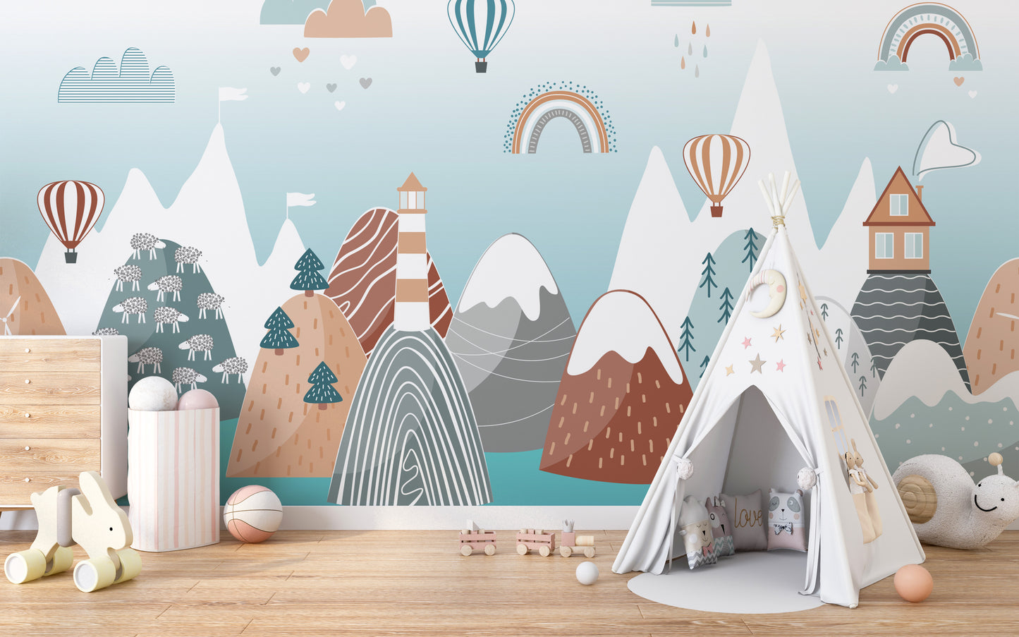 Scandinavian boho nursery mural for warm and stylish decor.



