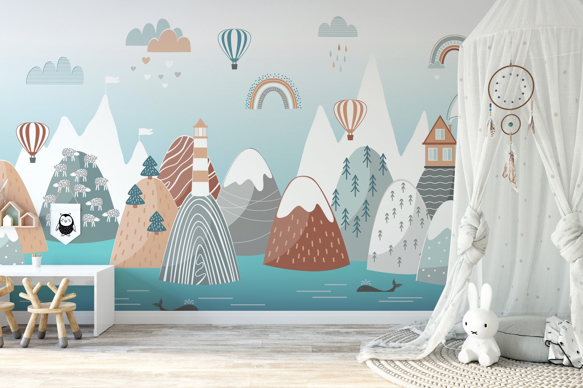 Scandinavian boho mural featuring minimalist nursery decor.
