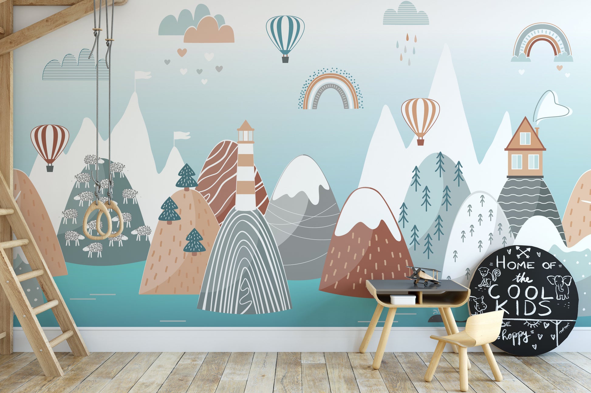 Cozy nursery mural with Scandinavian boho patterns and hues.
