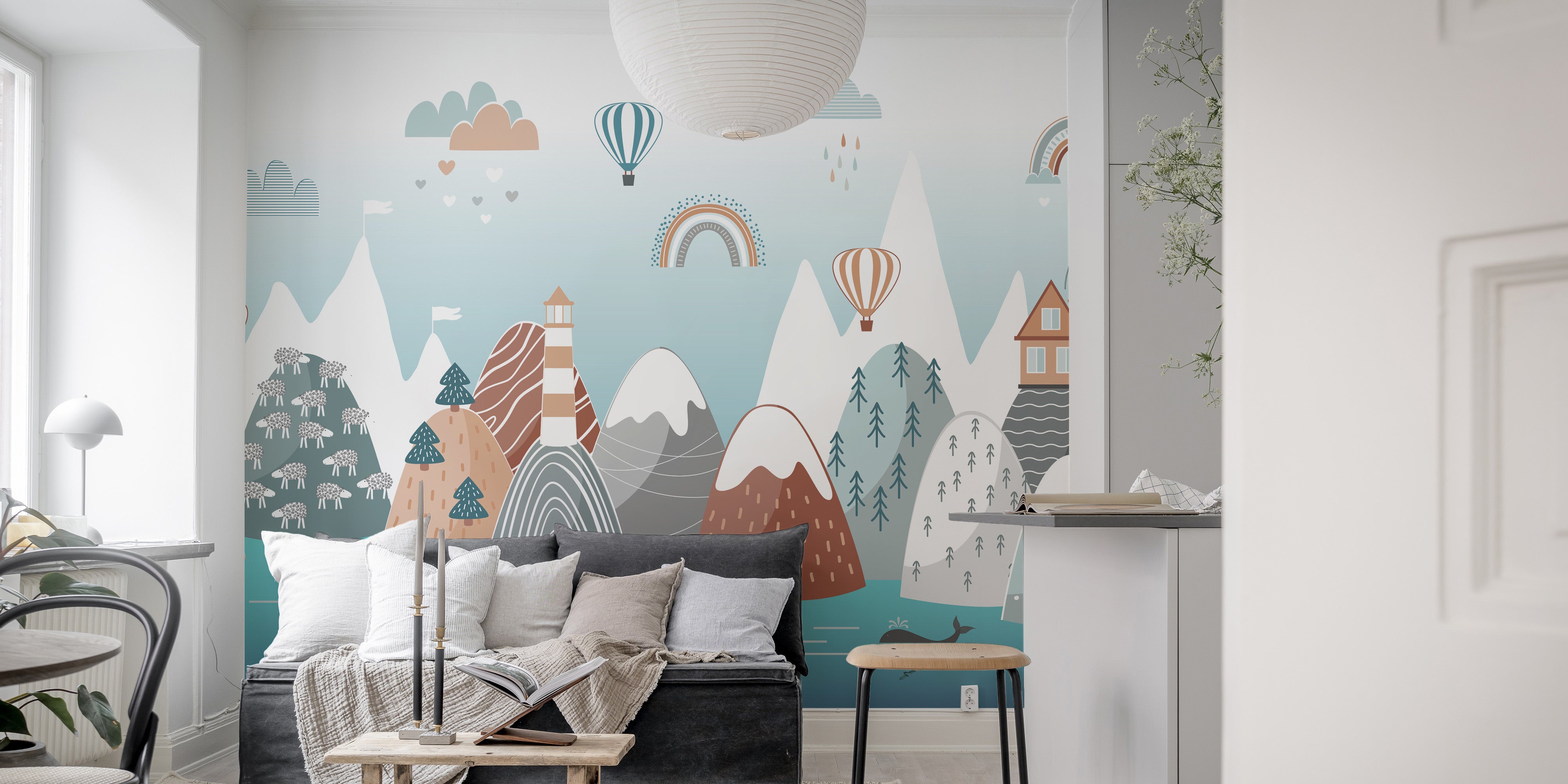 Artistic Scandinavian boho mural for modern nursery walls.
