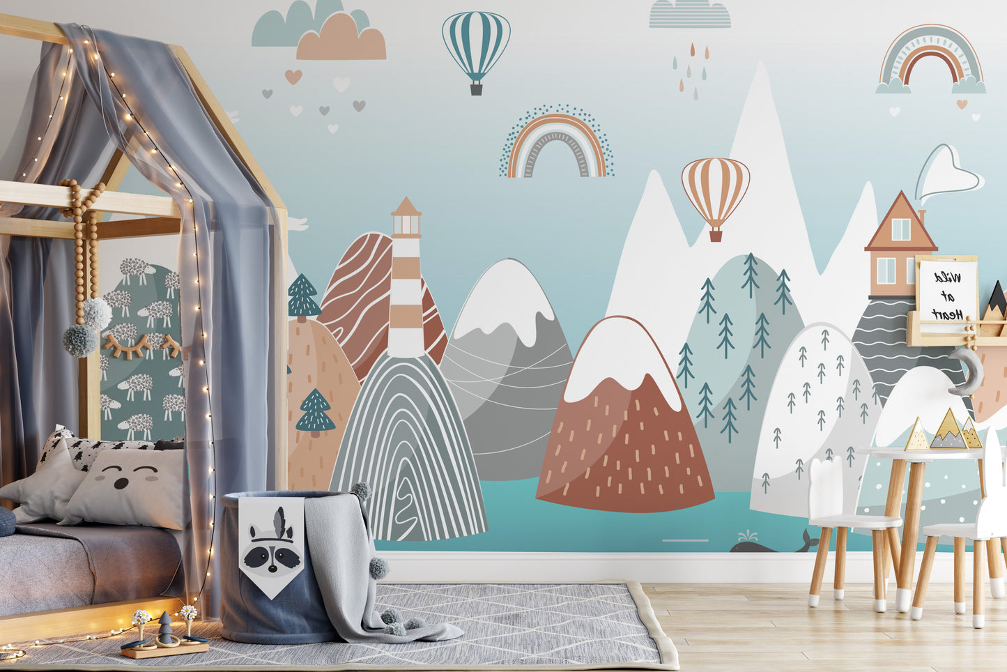 Scandinavian nursery mural with boho accents and natural vibes.
