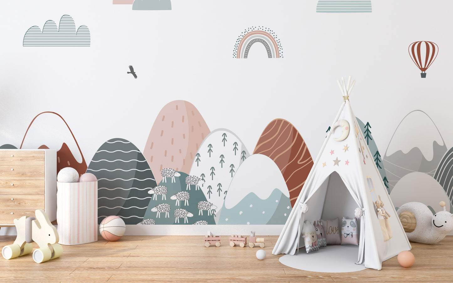 Colorful climb mural for playful and adventurous kids' rooms.
