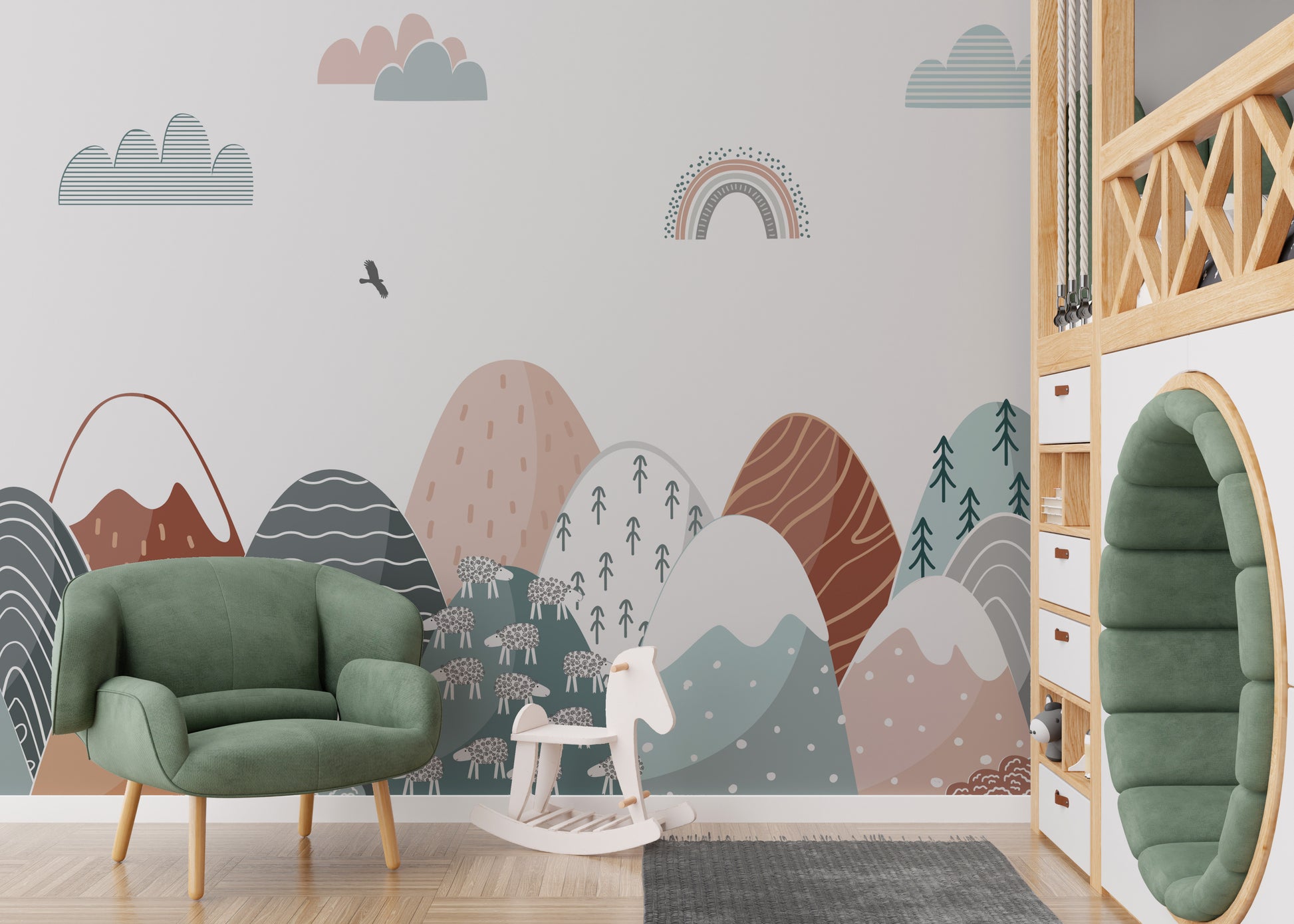 Colorful climb mural adding energy to kids' room decor.
