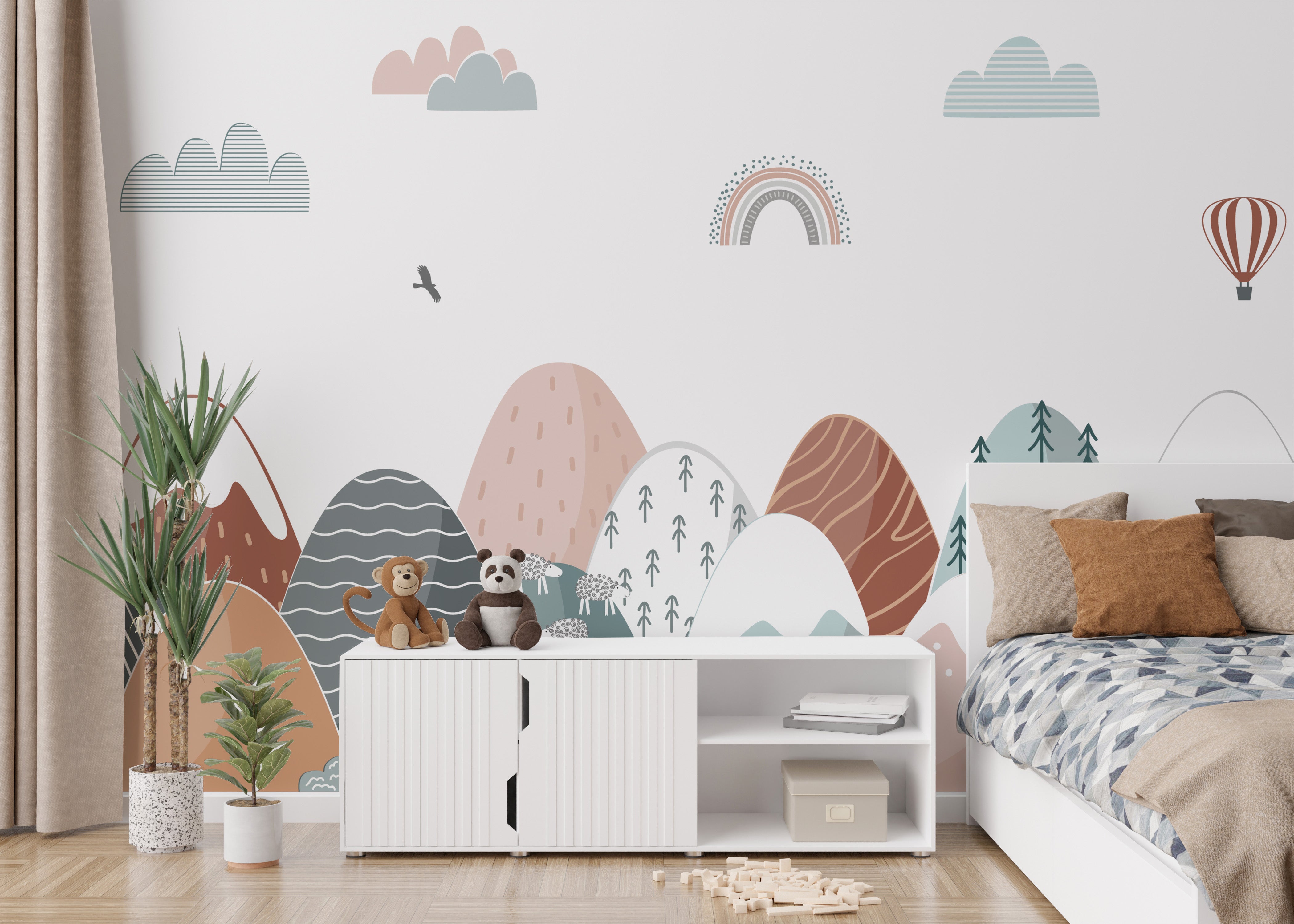 Vibrant wall mural with climbing scenes for kids' lively rooms.
