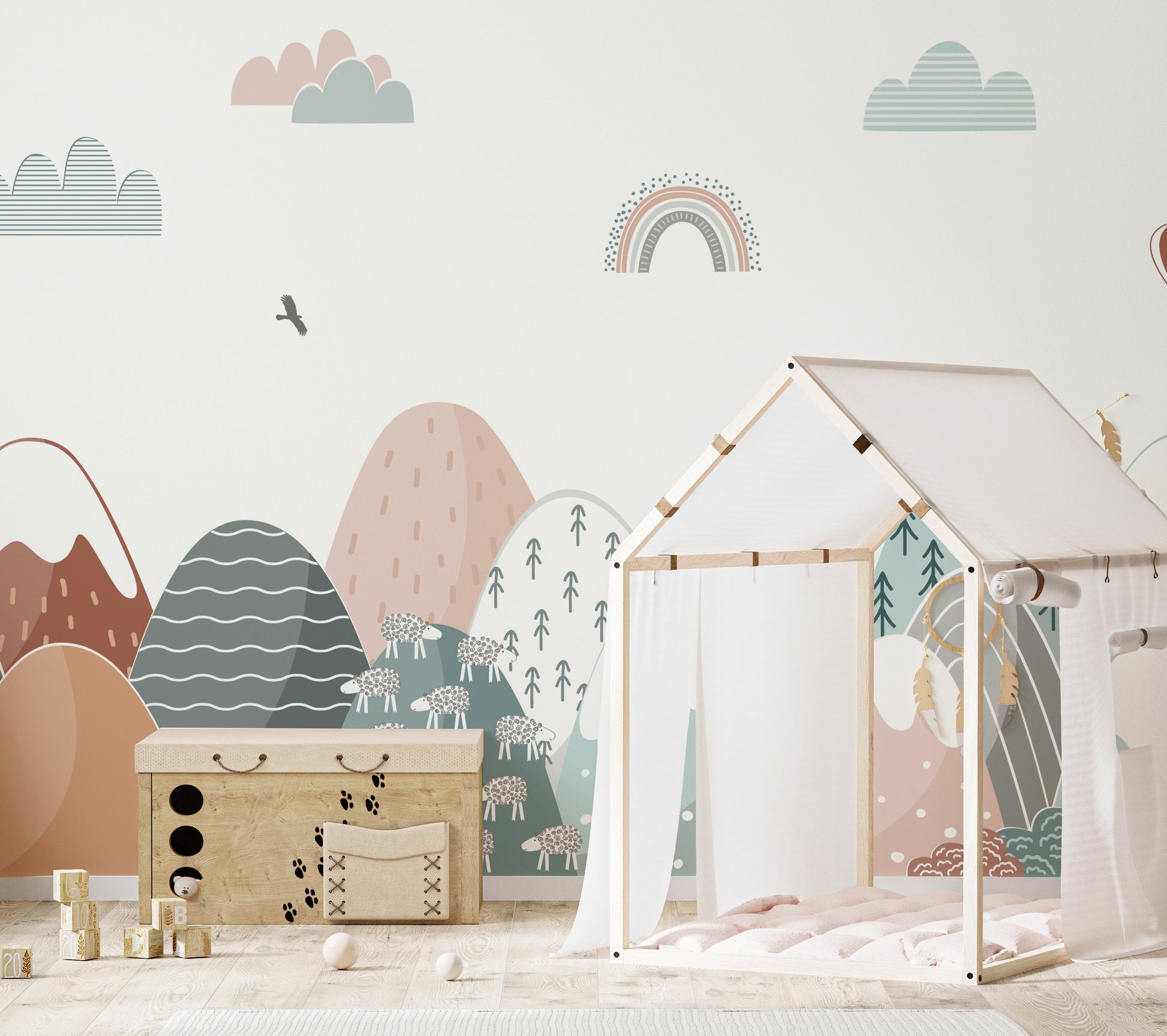 Playful mural with climbing elements for kids' colorful spaces.
