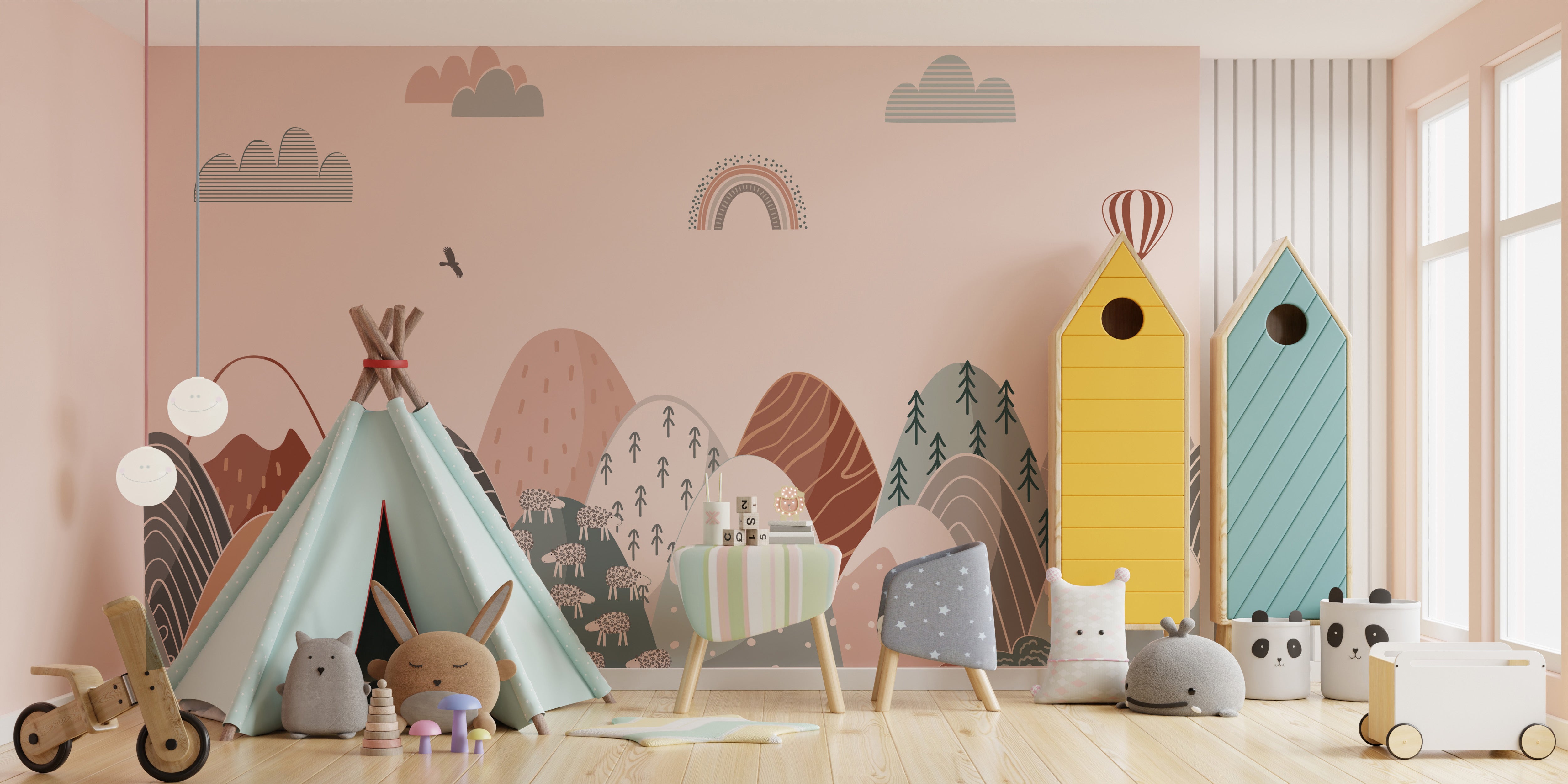 Colorful climb mural with fun patterns for kids' wall decor.
