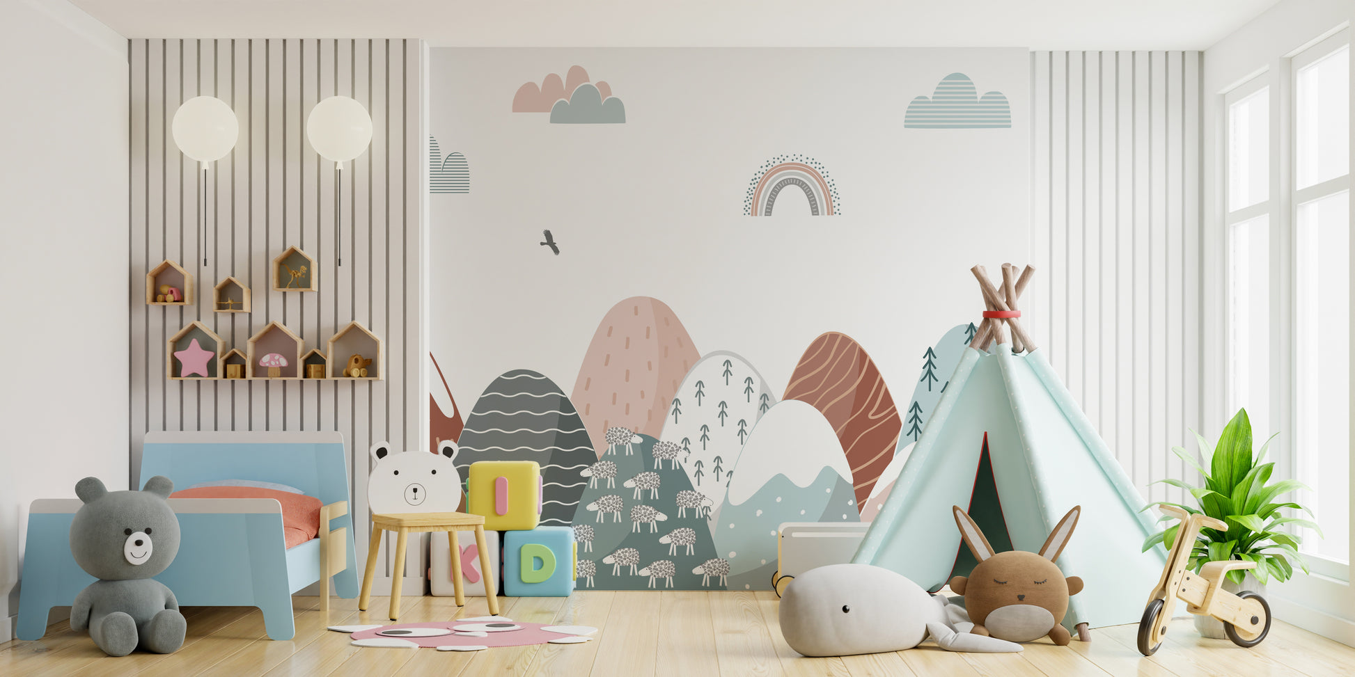 Kids' room mural featuring a vibrant climbing adventure design.
