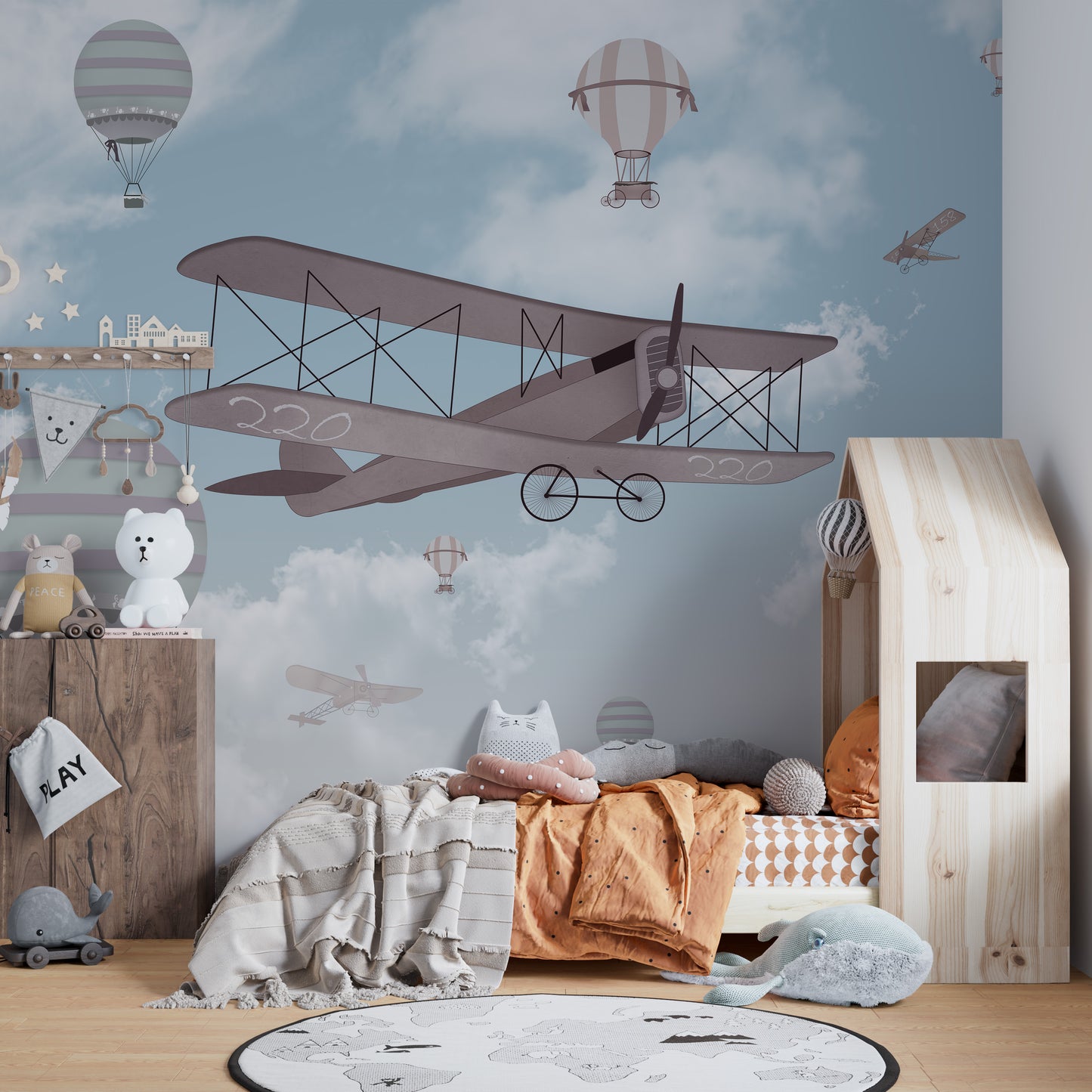 Whimsical flight of fancy mural for imaginative kids' spaces.
