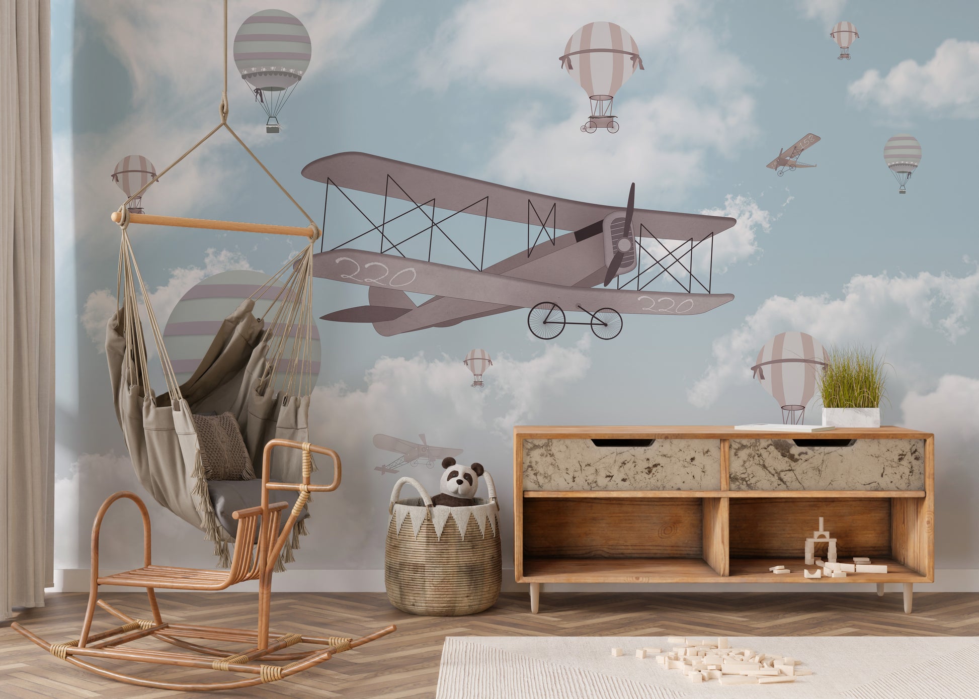 Flight of fancy mural for inspiring creativity in kids' spaces.



