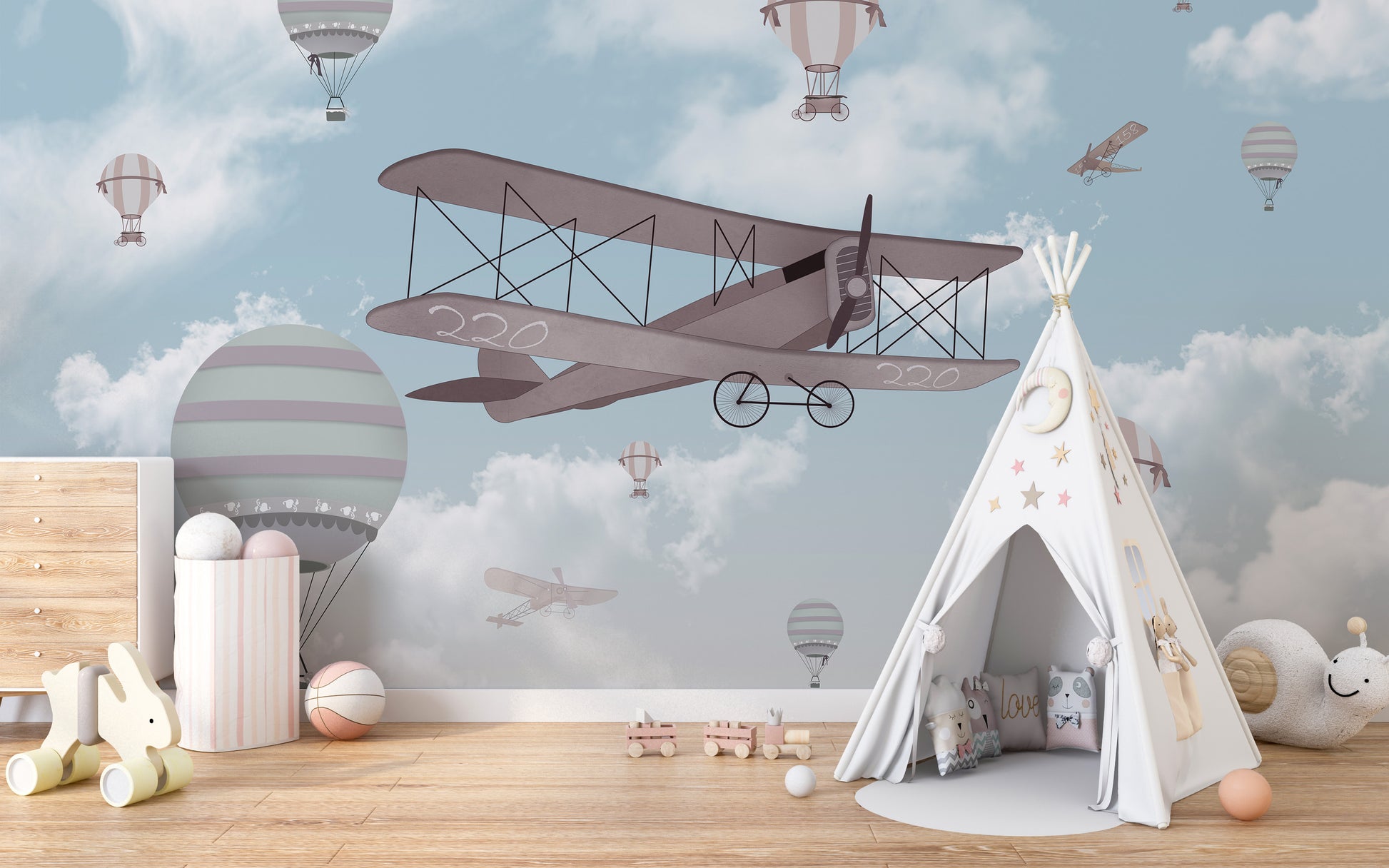 Kids' mural featuring a whimsical and colorful flight of fancy.
